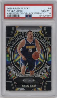 Nikola Jokic from the 2024-25 Panini Prizm Black set featuring a Black Prizm parallel graded by PSA and given an overall grade of 10.