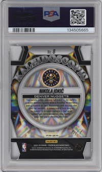 Nikola Jokic from the 2024-25 Panini Prizm Black set featuring a Black Prizm parallel graded by PSA and given an overall grade of 10.