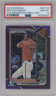 Bryce Eldridge from the 2024 Bowman set featuring a Purple Refractor parallel graded by PSA and given an overall grade of 10.