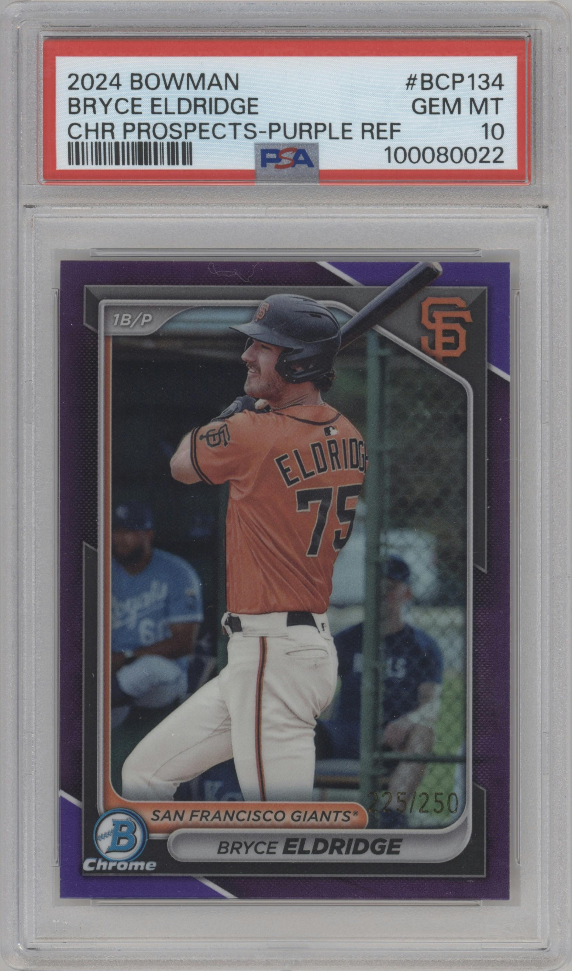 Bryce Eldridge from the 2024 Bowman set featuring a Purple Refractor parallel graded by PSA and given an overall grade of 10.