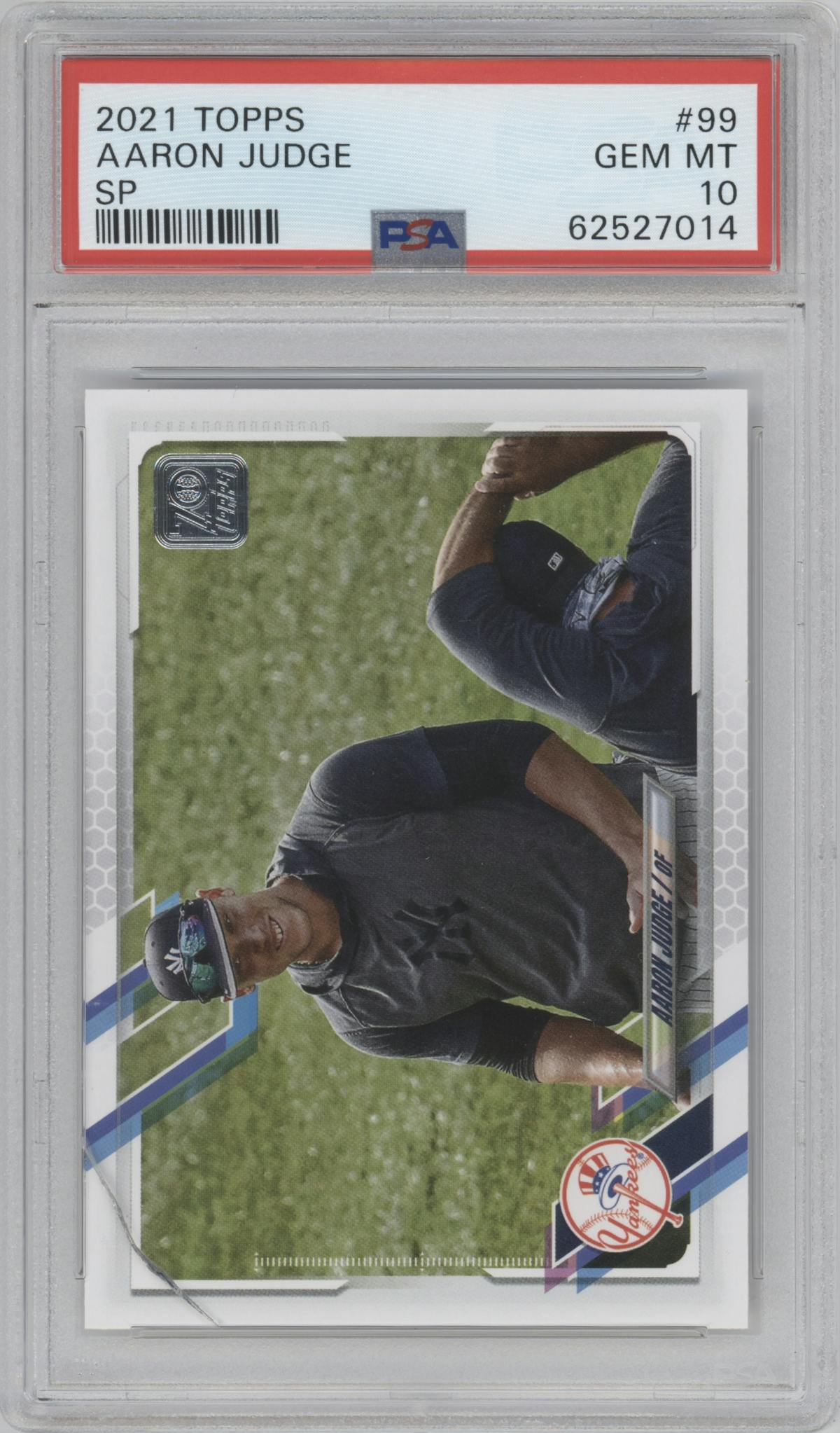 Aaron Judge from the 2021 Topps Series 1 set graded by PSA and given an overall grade of 10.