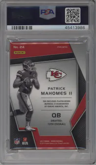 Patrick Mahomes II from the 2017 Panini Prizm set graded by PSA and given an overall grade of 10.
