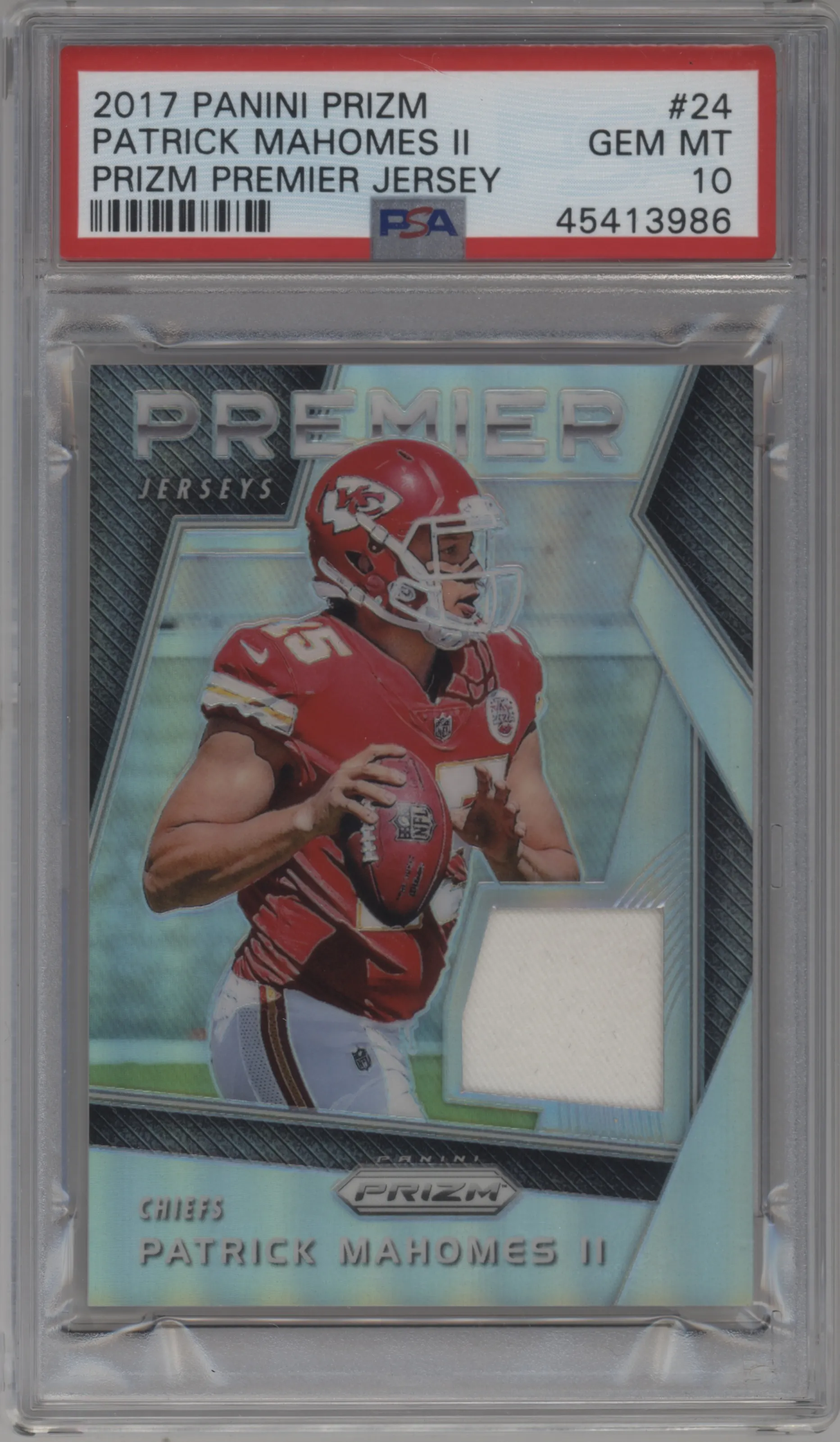 Patrick Mahomes II from the 2017 Panini Prizm set graded by PSA and given an overall grade of 10.
