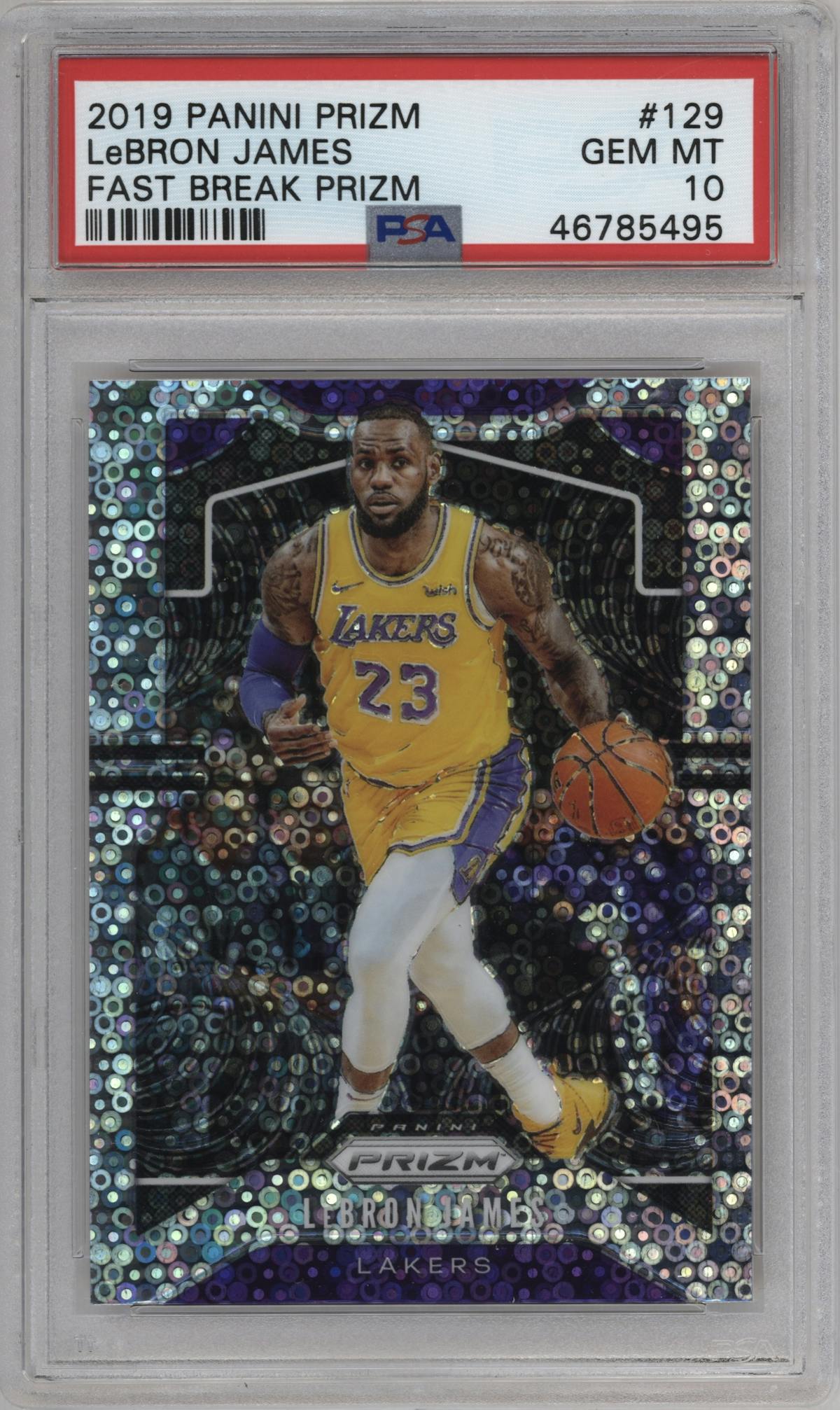 LeBron James from the 2019-20 Panini Prizm set featuring a Fast Break parallel graded by PSA and given an overall grade of 10.