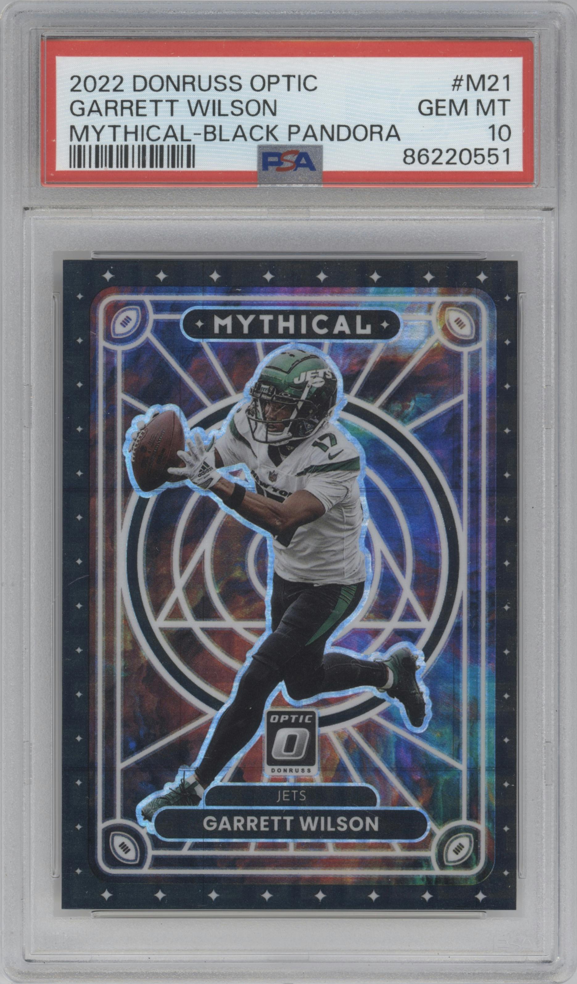 Garrett Wilson from the 2022 Panini Donruss Optic set featuring a Black Pandora parallel graded by PSA and given an overall grade of 10.