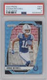 Adonai Mitchell from the 2024 Panini Prizm set featuring a Blue Wave Prizm parallel graded by PSA and given an overall grade of 9.