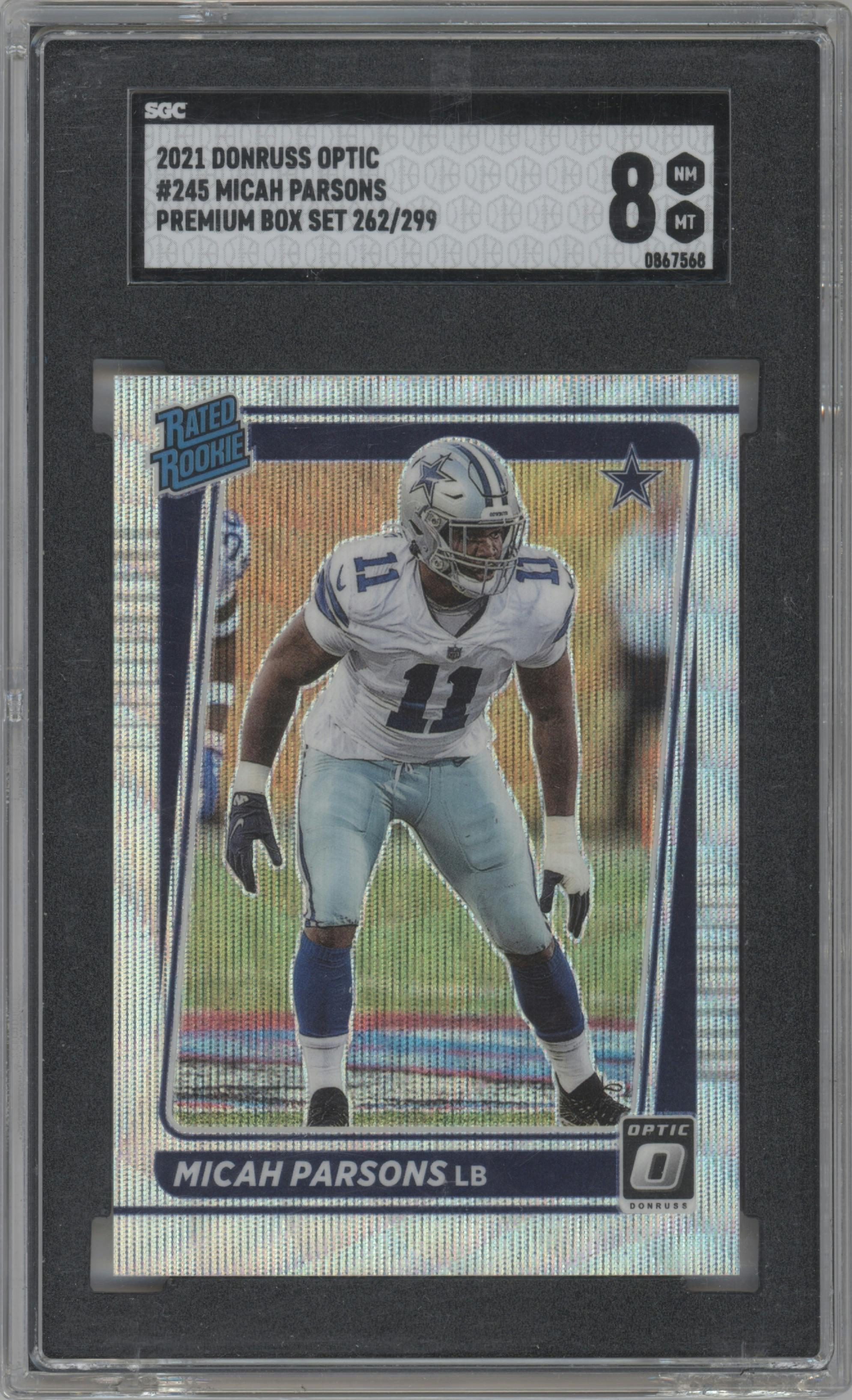 Micah Parsons from the 2021 Panini Donruss Optic set featuring a Premium Box Set parallel graded by SGC and given an overall grade of 8.