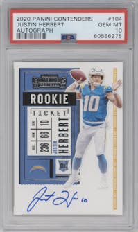 Justin Herbert from the 2020 Panini Contenders set graded by PSA and given an overall grade of 10.