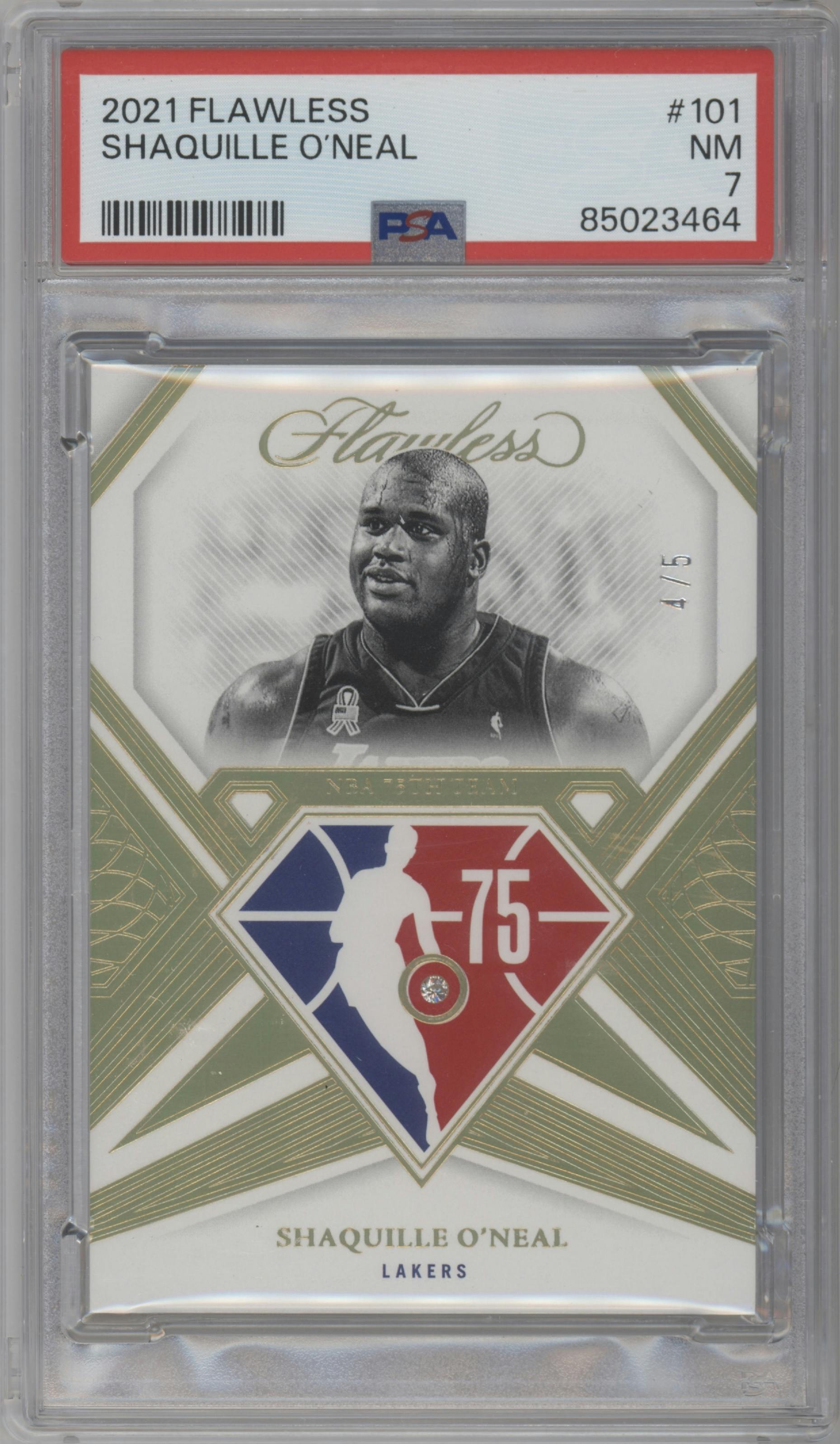 Shaquille O'Neal from the 2021-22 Panini Flawless set graded by PSA and given an overall grade of 7.