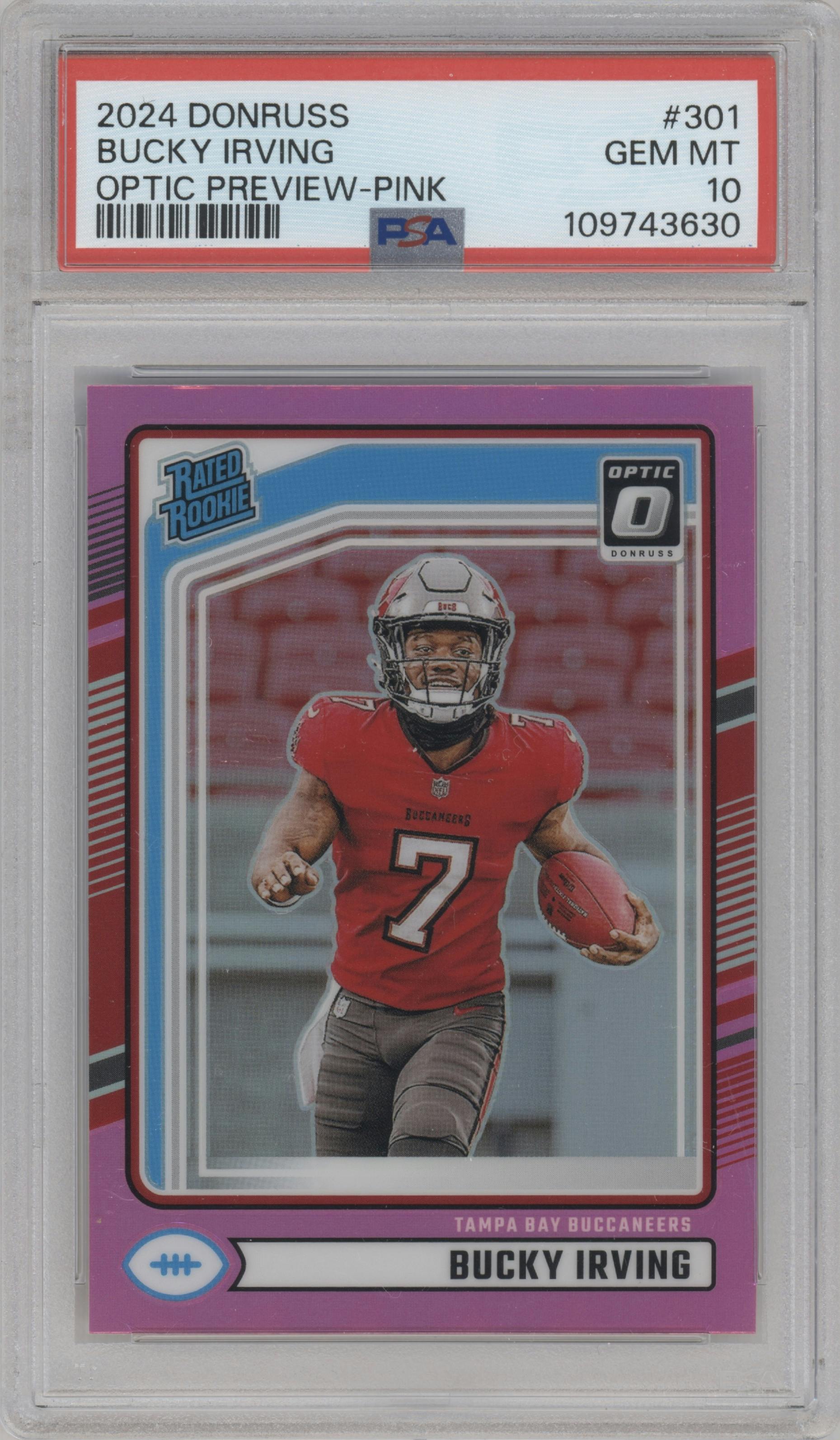 Bucky Irving from the 2024 Donruss set featuring a Pink parallel graded by PSA and given an overall grade of 10.