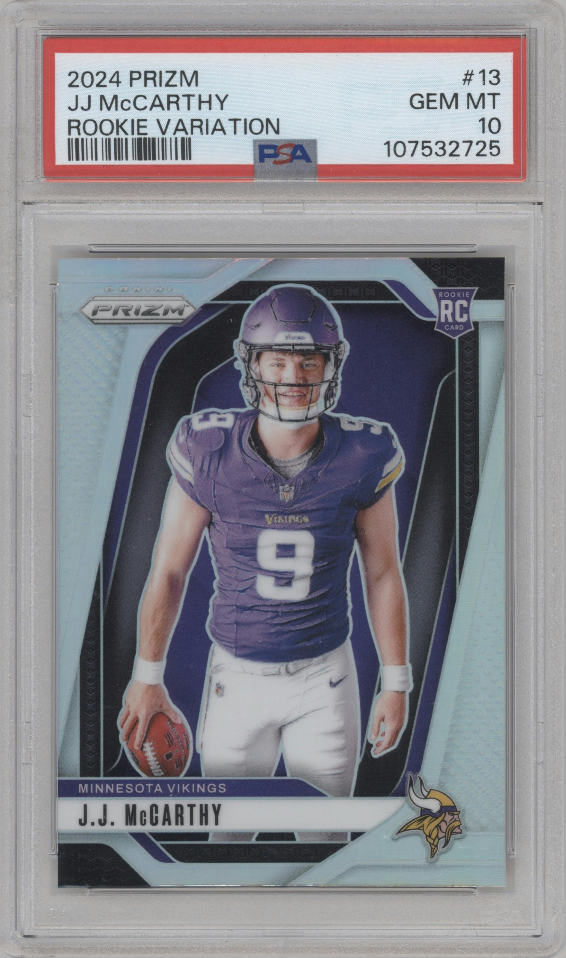 J.J. McCarthy from the 2024 Panini Prizm set graded by PSA and given an overall grade of 10.