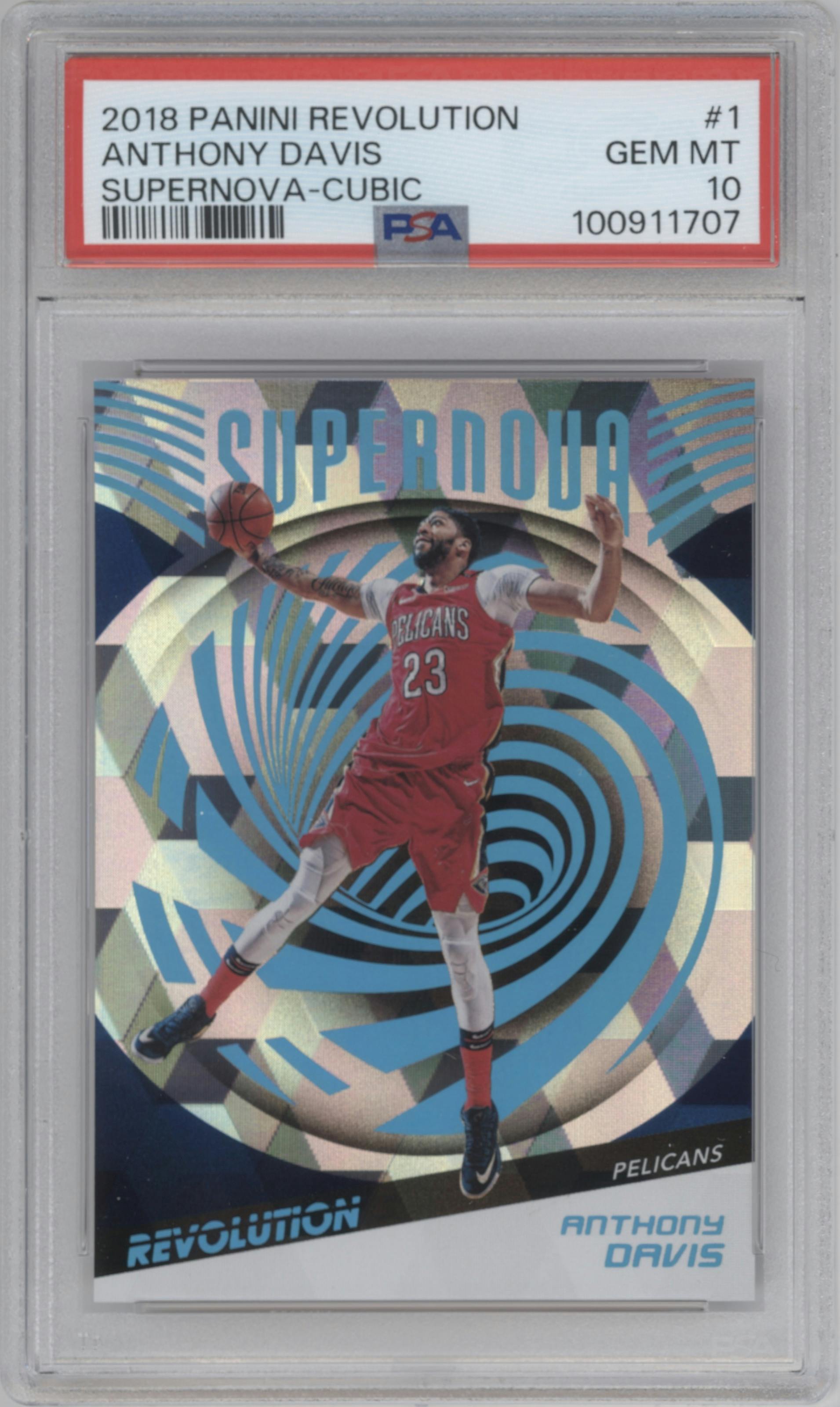 Anthony Davis from the 2018-19 Panini Revolution  set featuring a Cubic parallel graded by PSA and given an overall grade of 10.