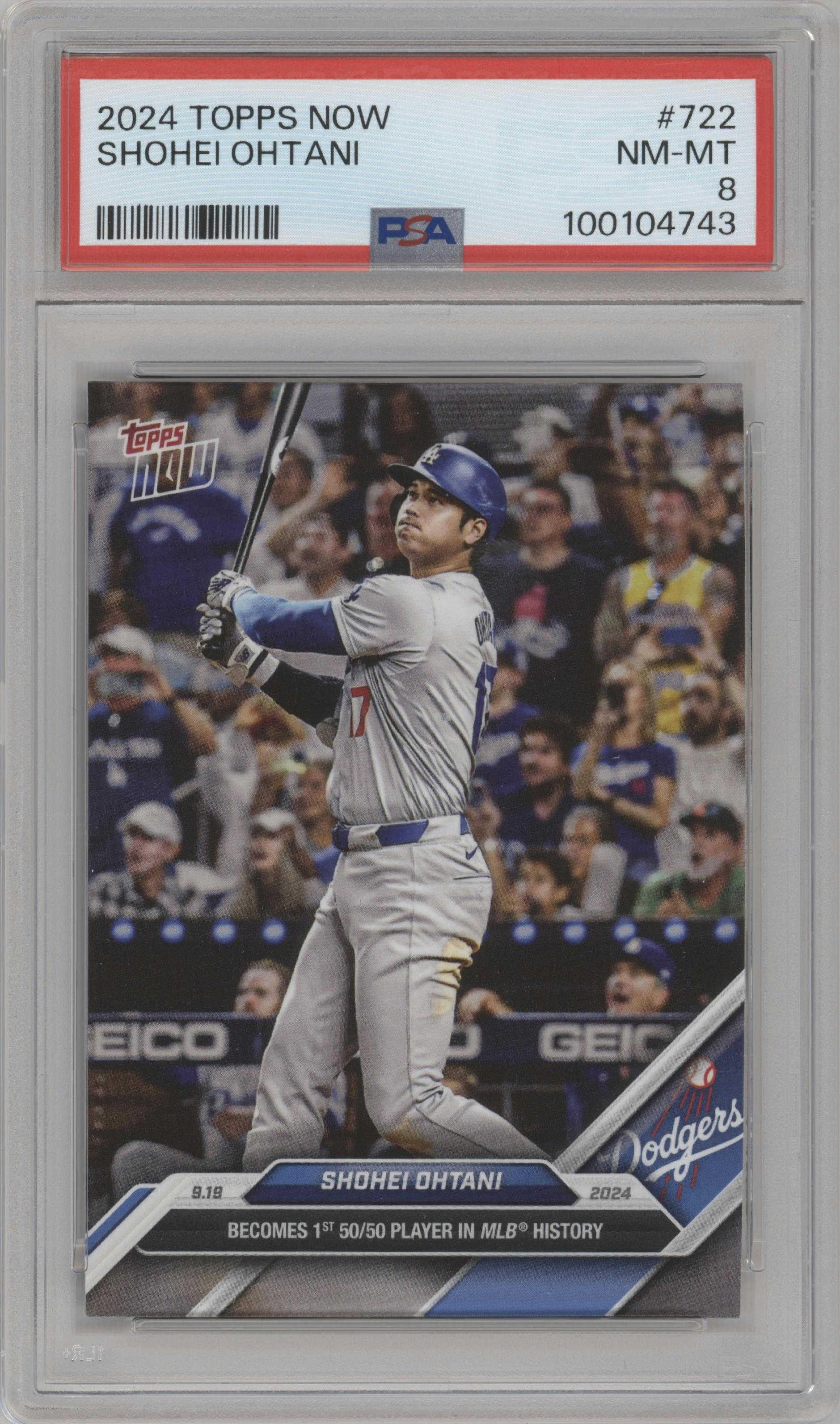 Shohei Ohtani from the 2024 Topps Now set graded by PSA and given an overall grade of 8.
