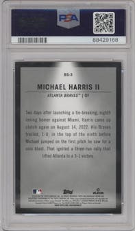 Michael Harris II from the 2023 Bowman  set featuring a Green Refractor parallel graded by PSA and given an overall grade of 9.