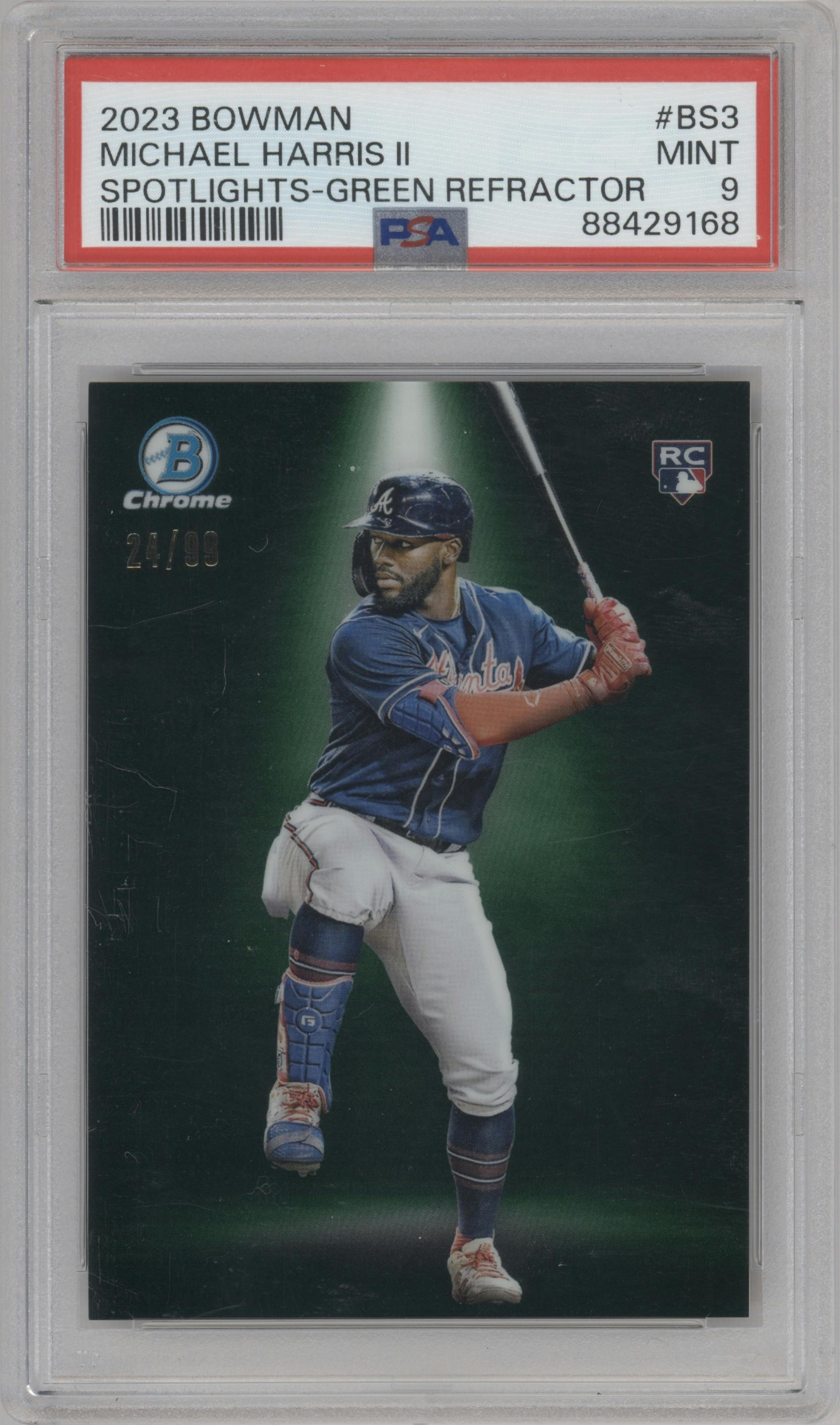 Michael Harris II from the 2023 Bowman  set featuring a Green Refractor parallel graded by PSA and given an overall grade of 9.