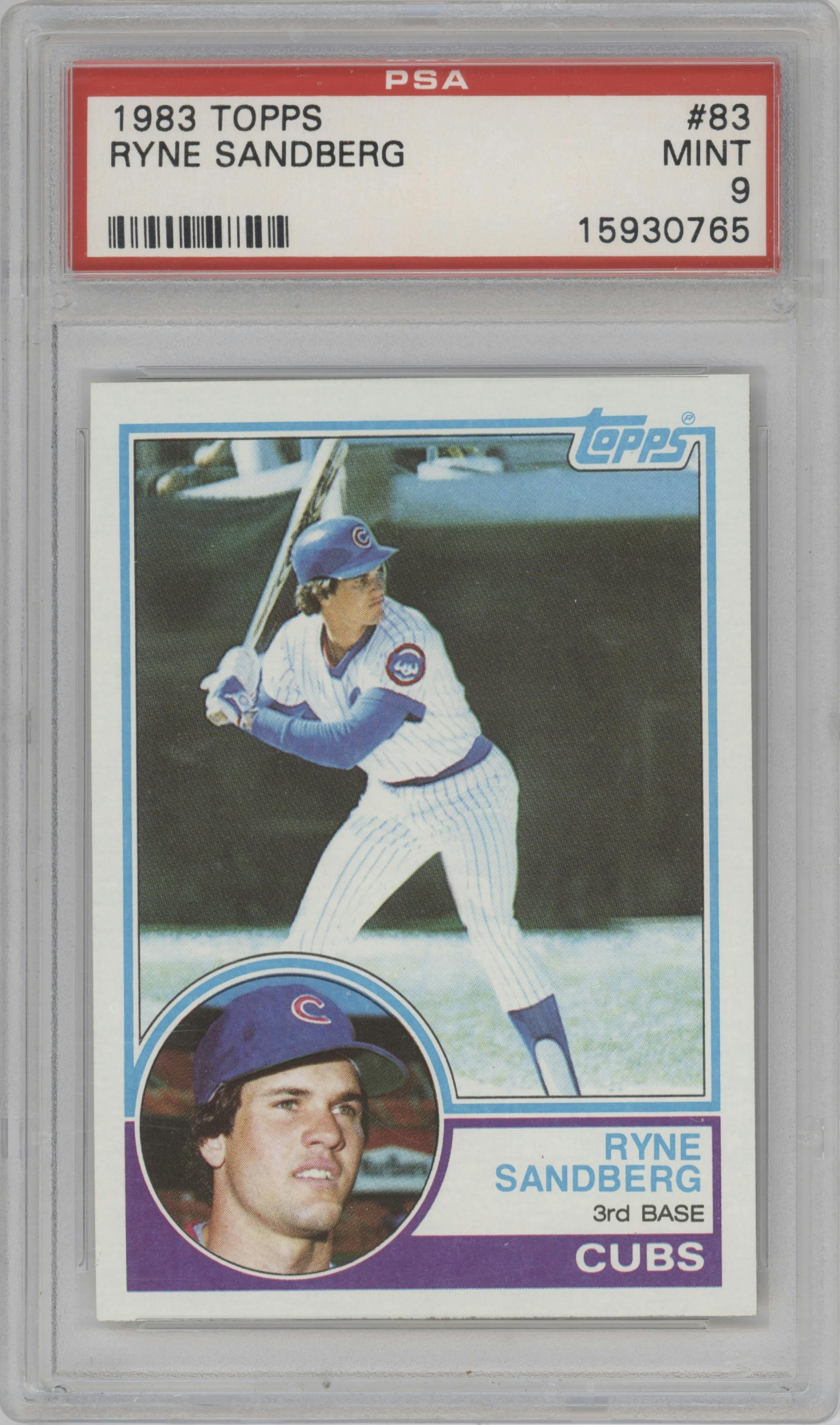 Ryne Sandberg from the 1983 Topps set graded by PSA and given an overall grade of 9.