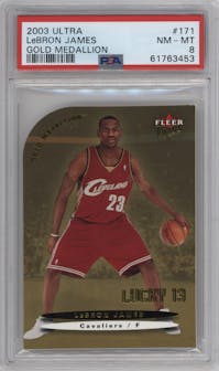 LeBron James from the 2003-04 Fleer Ultra set featuring a Gold Medallion parallel graded by PSA and given an overall grade of 8.