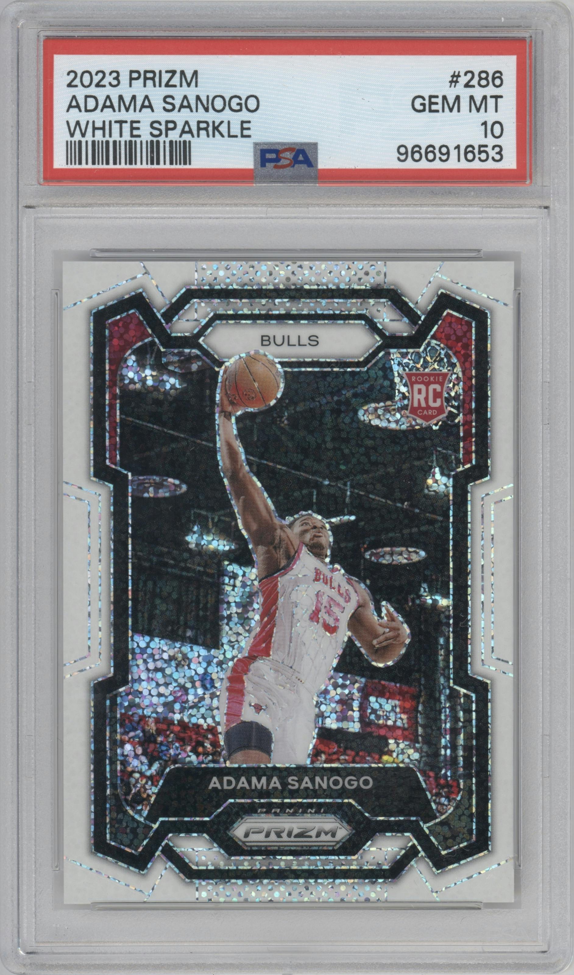 Adama Sanogo from the 2023-24 Panini Prizm set featuring a White Sparkle parallel graded by PSA and given an overall grade of 10.