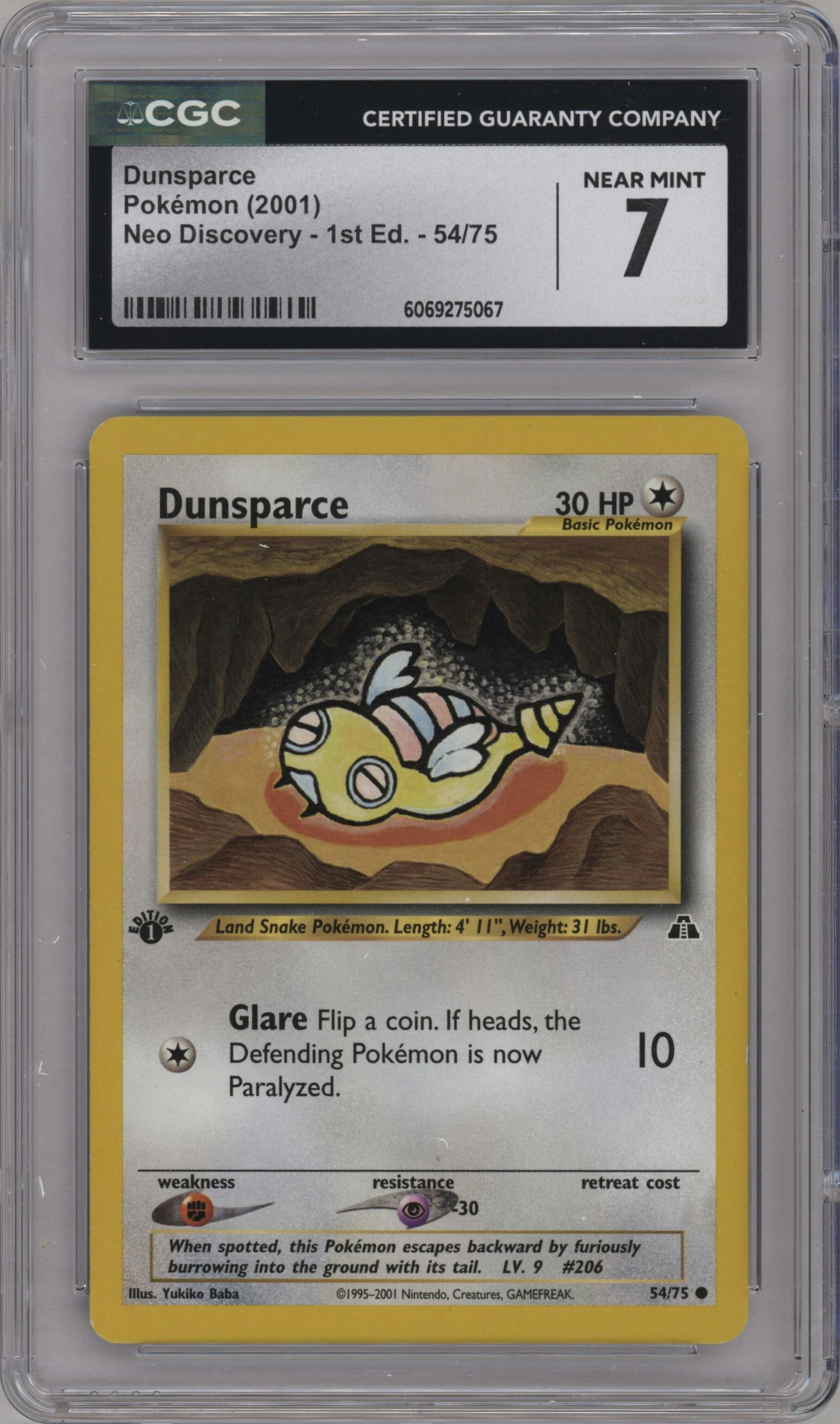 Dunsparce from the 2001 Pokemon Neo Genesis set graded by CSG and given an overall grade of 7.