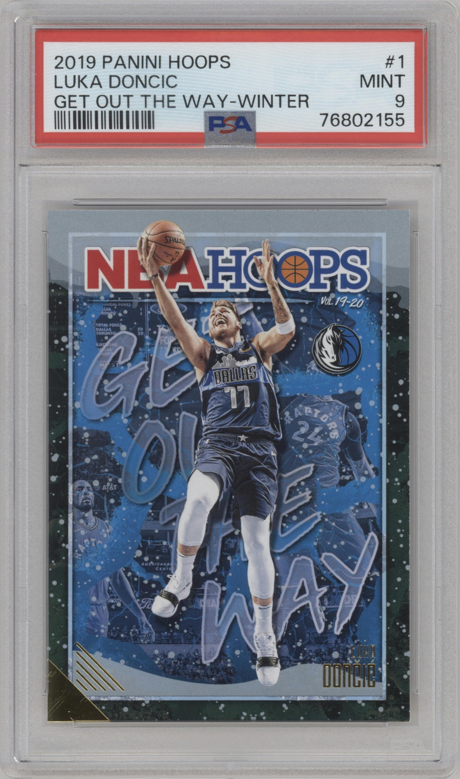 Luka Doncic from the 2019-20 Panini NBA Hoops set featuring a Winter parallel graded by PSA and given an overall grade of 9.