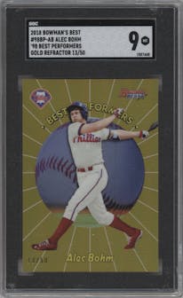 Alec Bohm from the 2018 Bowman’s Best set featuring a Gold Refractor parallel graded by SGC and given an overall grade of 9.