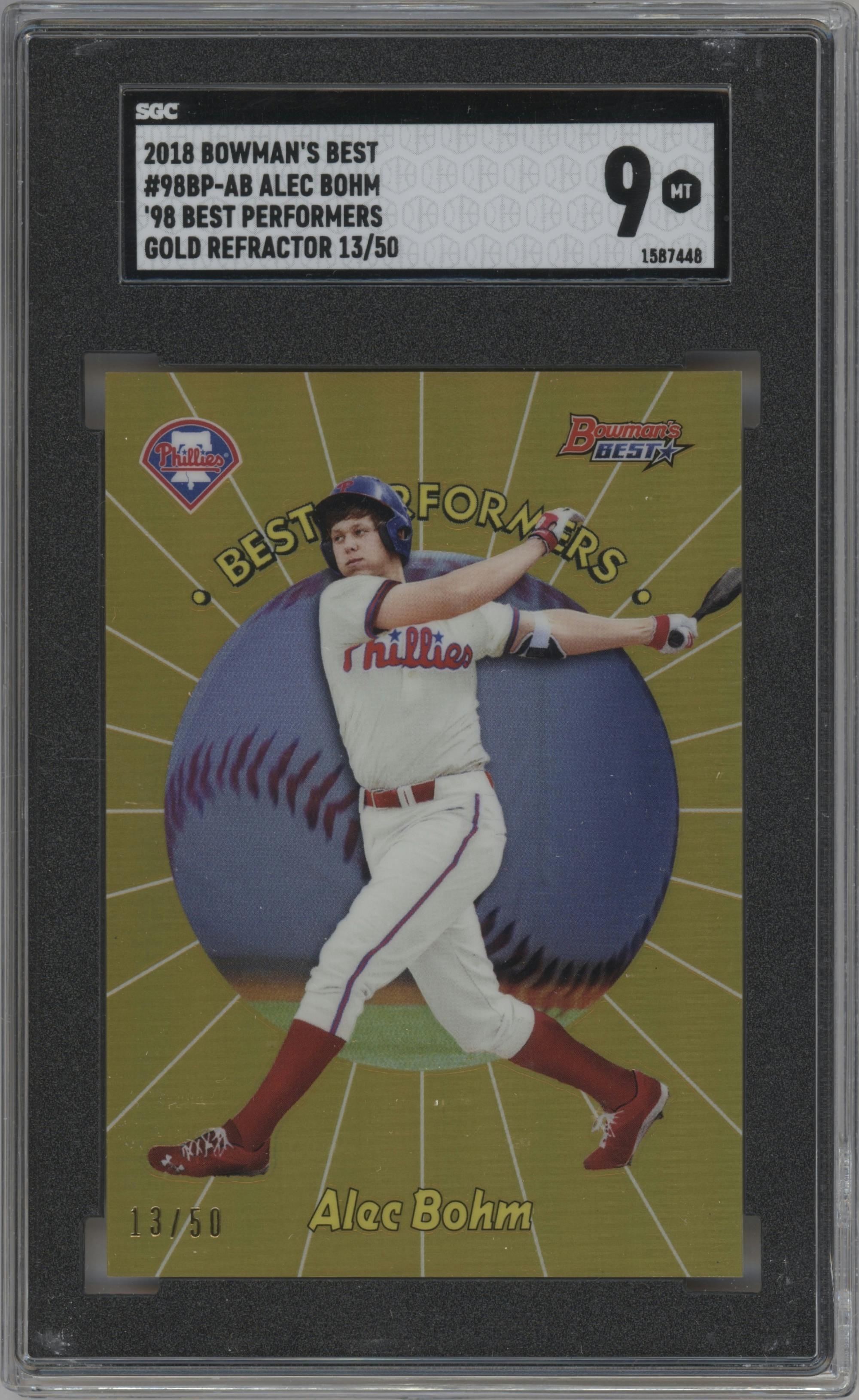Alec Bohm from the 2018 Bowman’s Best set featuring a Gold Refractor parallel graded by SGC and given an overall grade of 9.