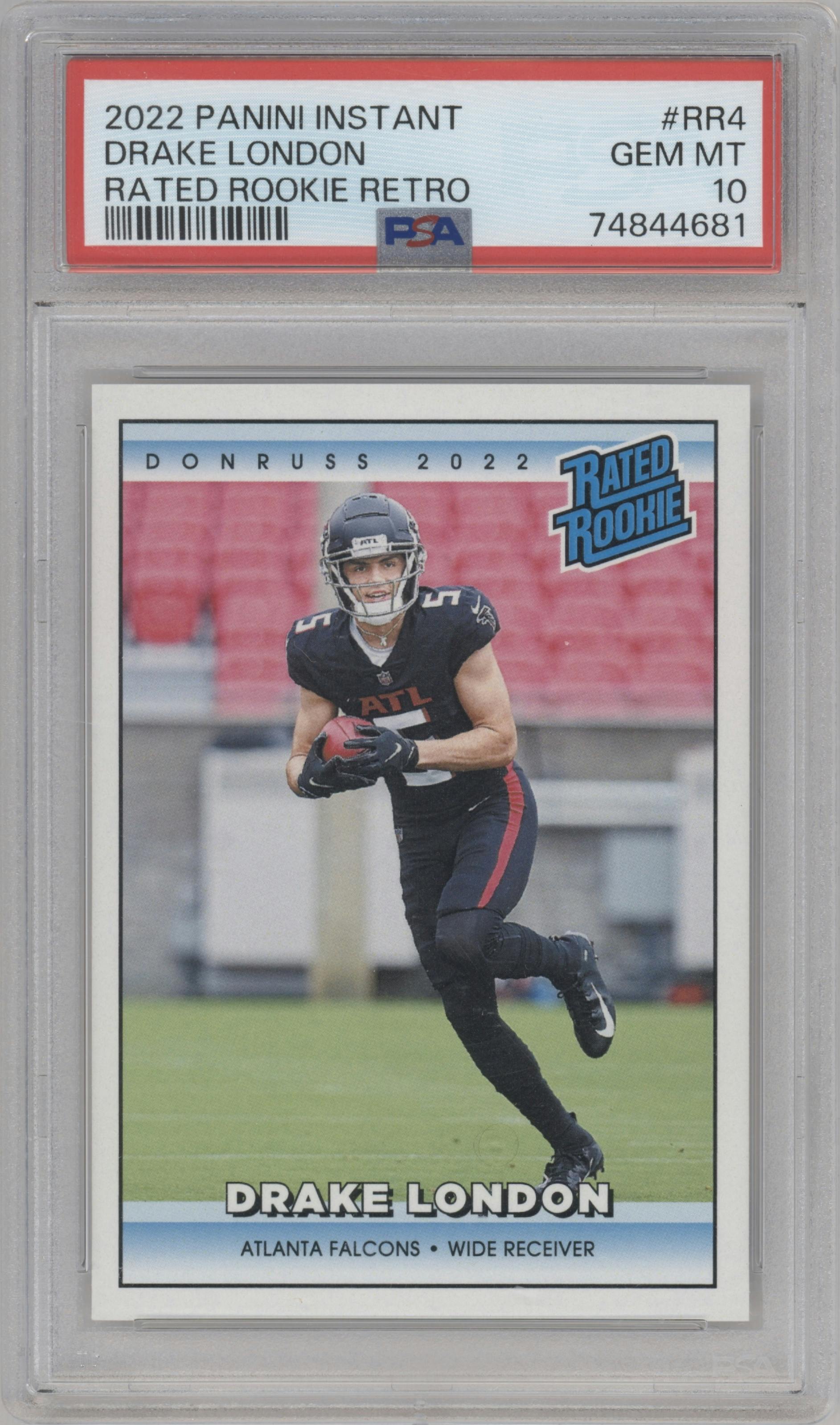 Drake London from the 2022 Panini Instant Rated Rookie Retro  set graded by PSA and given an overall grade of 10.