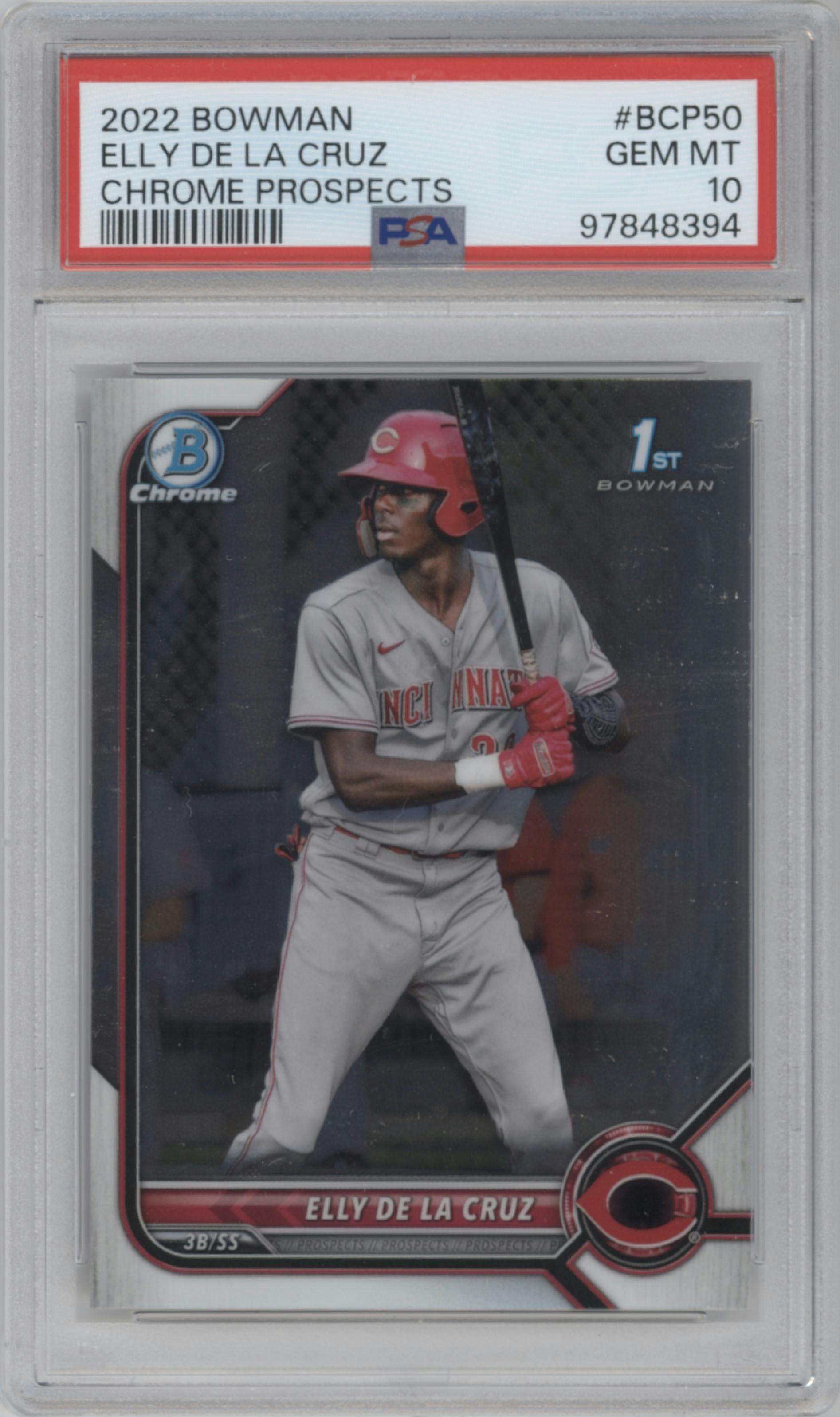 Elly De La Cruz from the 2022 Bowman set graded by PSA and given an overall grade of 10.