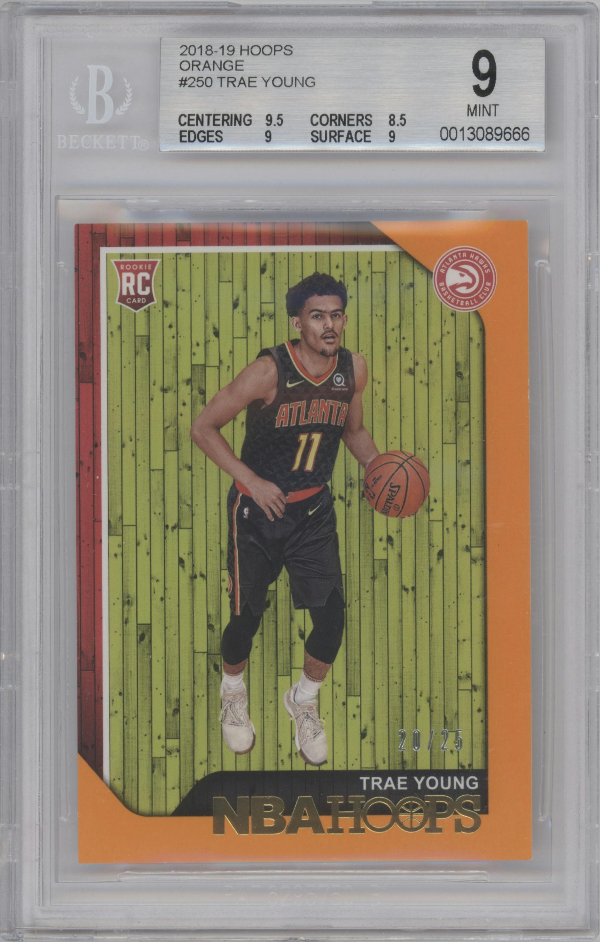 Trae Young from the 2018-19 Panini NBA Hoops  set featuring a Orange parallel graded by Beckett and given an overall grade of 9.