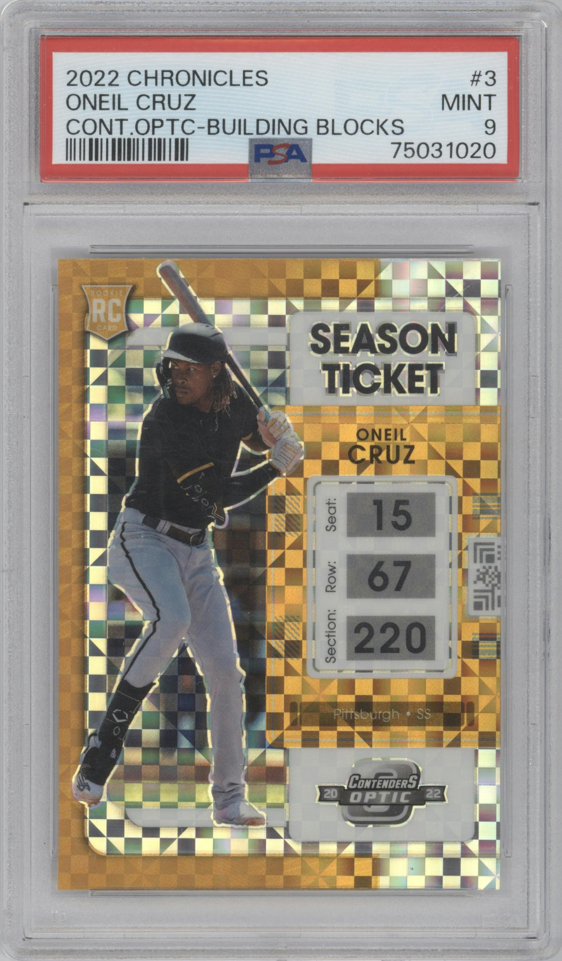 Oneil Cruz from the 2022 Panini Chronicles set featuring a Building Blocks parallel graded by PSA and given an overall grade of 9.