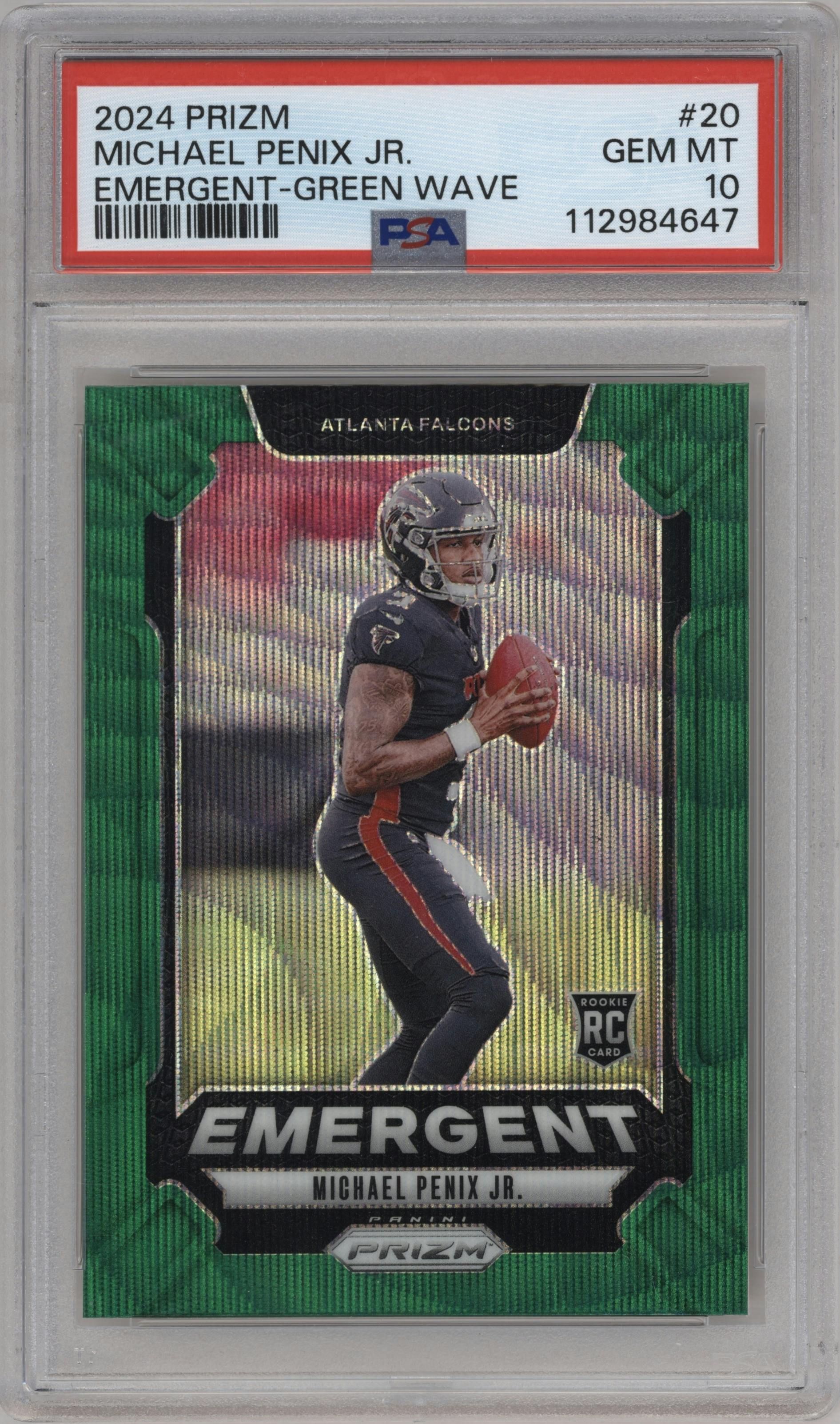 Michael Penix Jr. from the 2024 Panini Prizm set featuring a Green Wave parallel graded by PSA and given an overall grade of 10.