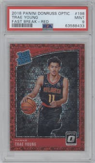 Trae Young from the 2018-19 Panini Donruss Optic set featuring a Fast Break Red parallel graded by PSA and given an overall grade of 9.