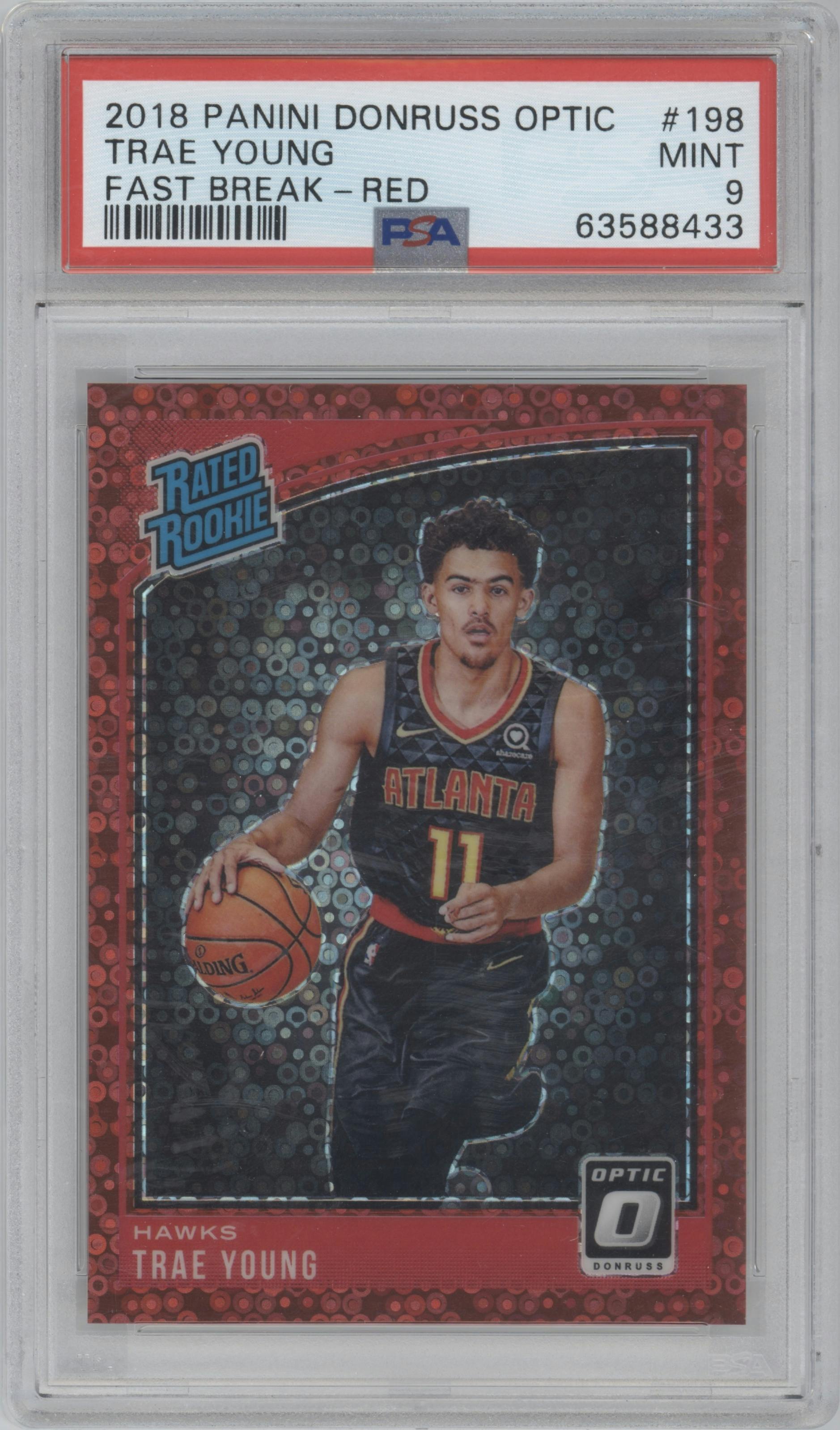 Trae Young from the 2018-19 Panini Donruss Optic set featuring a Fast Break Red parallel graded by PSA and given an overall grade of 9.
