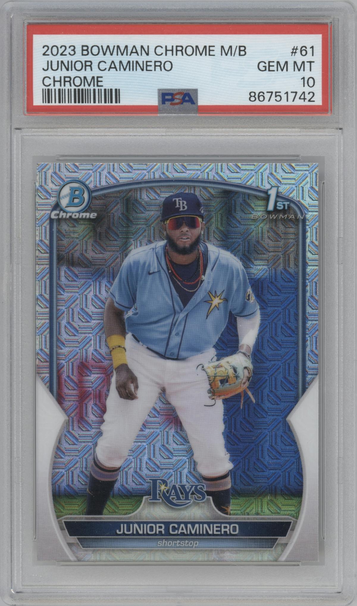 Junior Caminero from the 2023 Bowman Mega Box set graded by PSA and given an overall grade of 10.