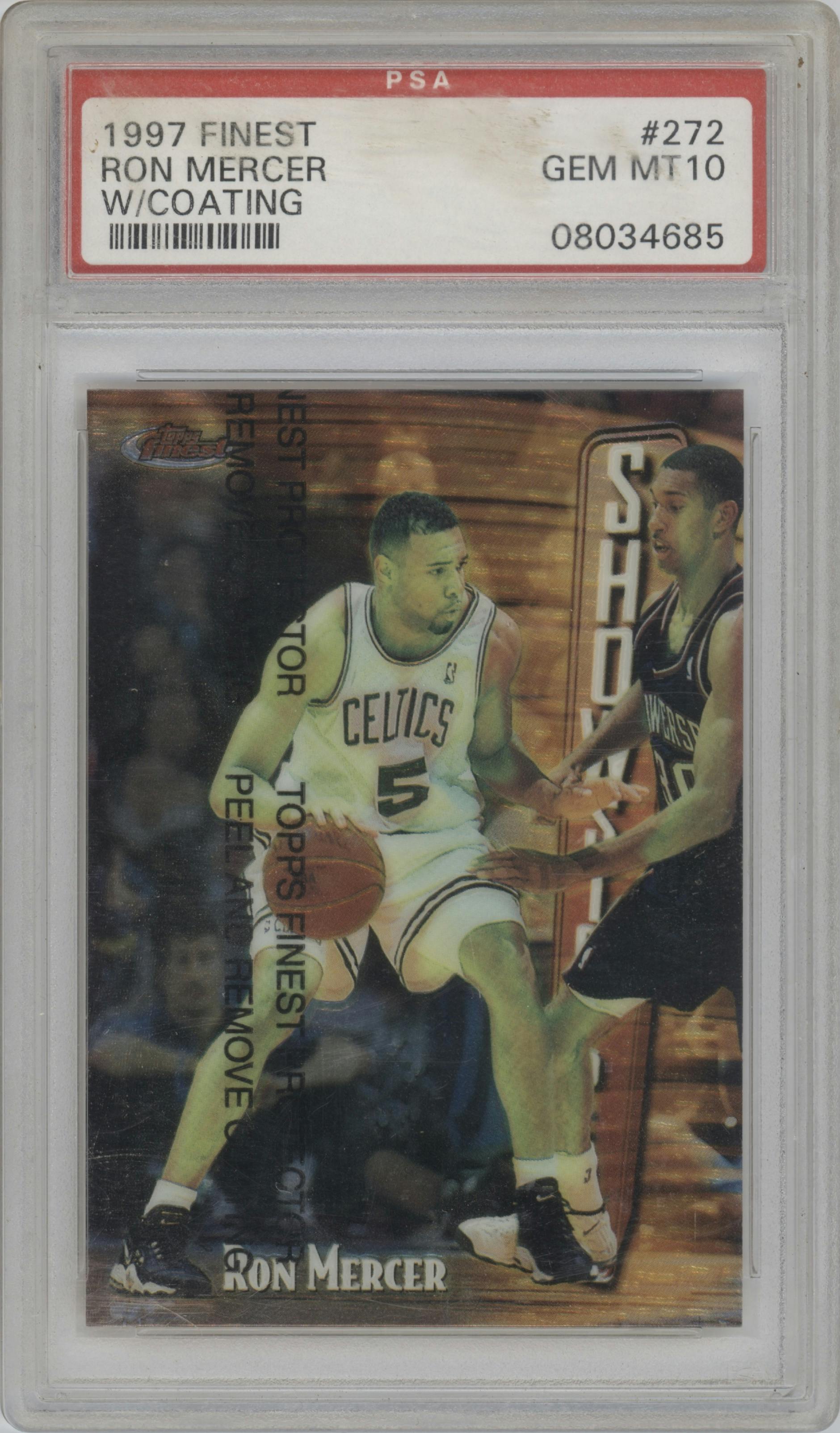 Ron Mercer from the 1997-98 Topps Finest set featuring a W/ Coating parallel graded by PSA and given an overall grade of 10.