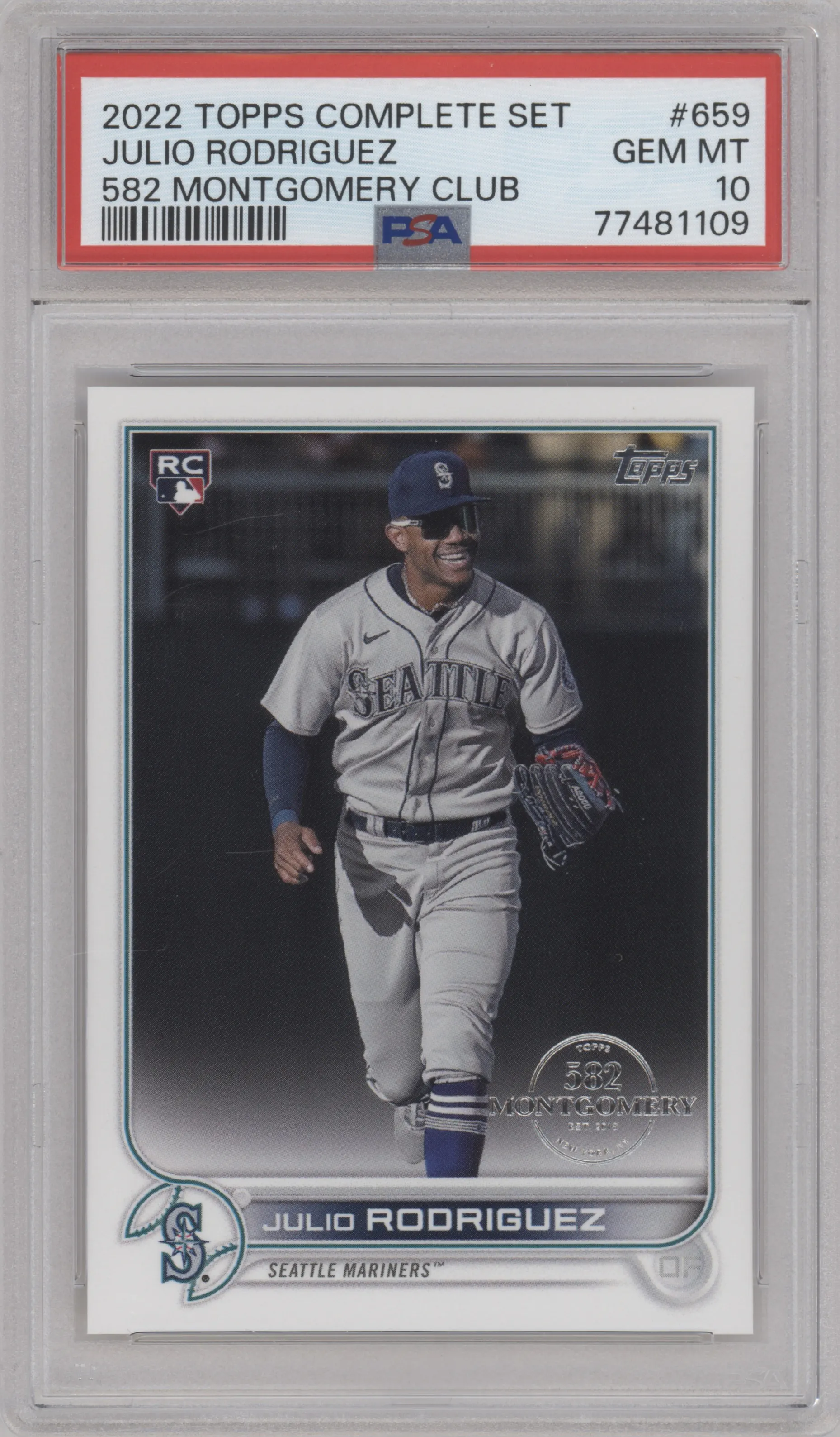 Julio Rodriguez from the 2022 Topps Complete Factory Set set featuring a 582 Montgomery Club parallel graded by PSA and given an overall grade of 10.