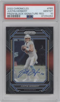 Justin Herbert from the 2022 Panini Chronicles set featuring a Red parallel graded by PSA and given an overall grade of 10.