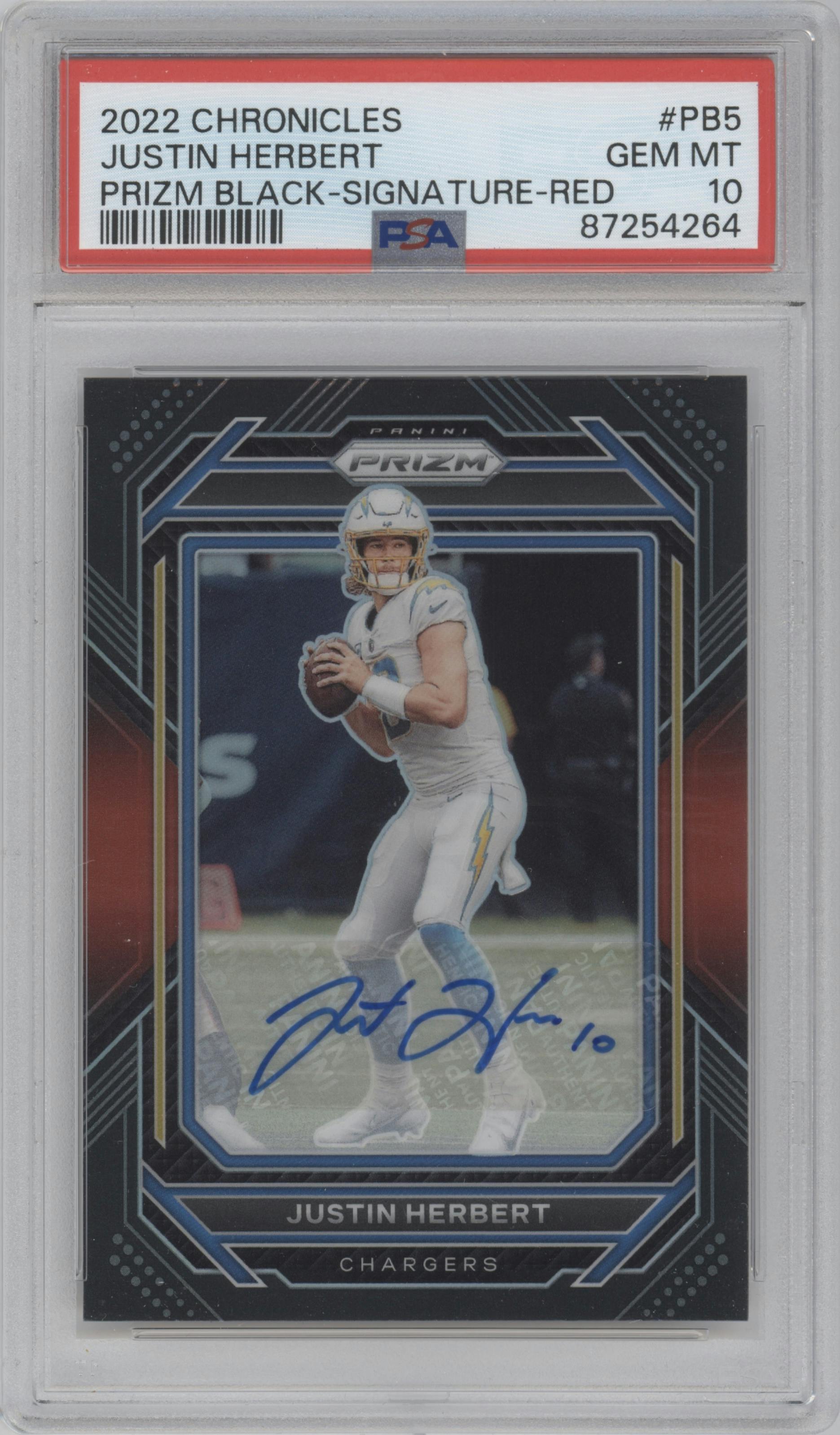 Justin Herbert from the 2022 Panini Chronicles set featuring a Red parallel graded by PSA and given an overall grade of 10.