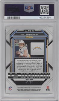 Justin Herbert from the 2022 Panini Chronicles set featuring a Red parallel graded by PSA and given an overall grade of 10.