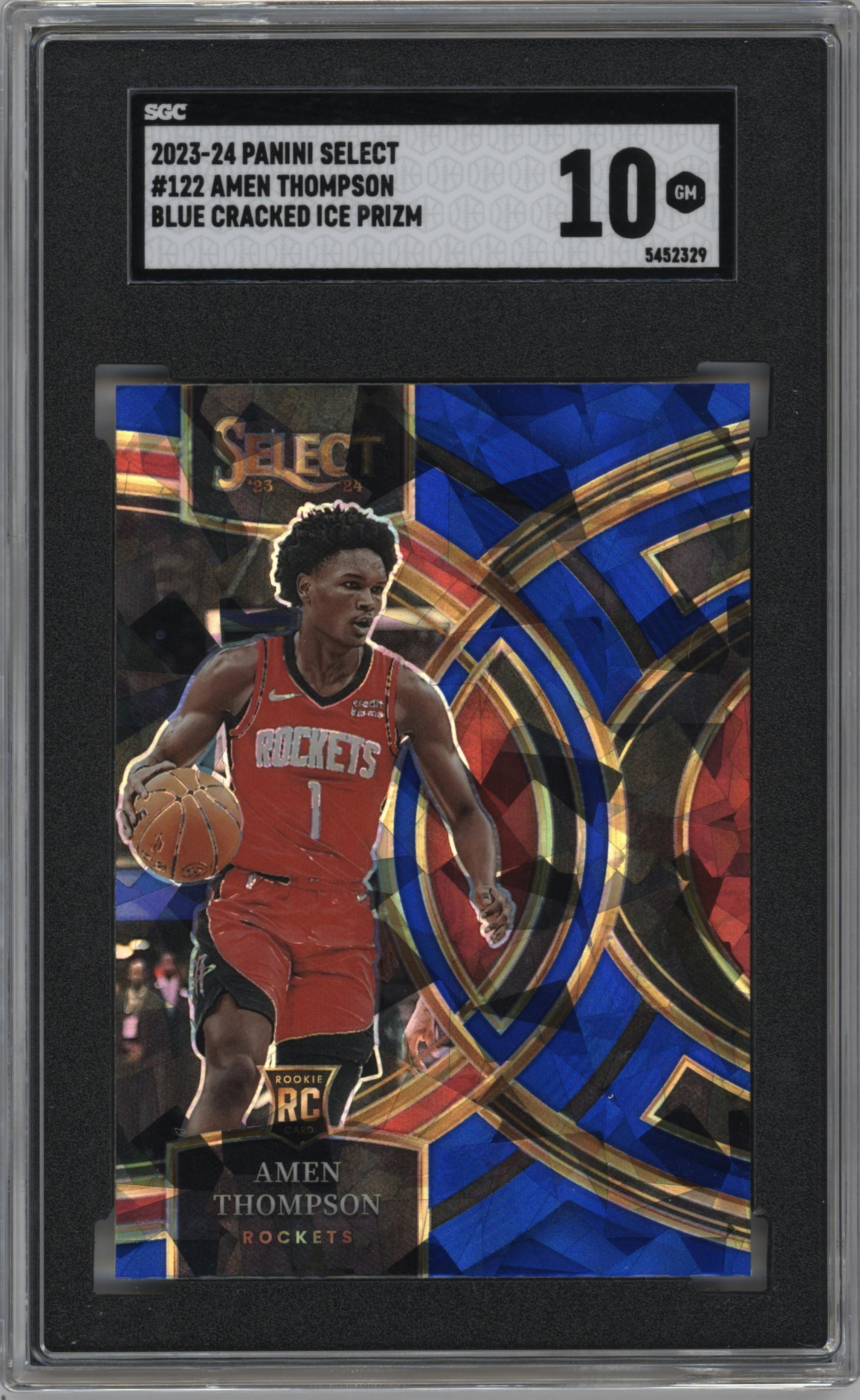 Amen Thompson from the 2023-24 Panini Select  set featuring a Blue Cracked Ice parallel graded by SGC and given an overall grade of 10.