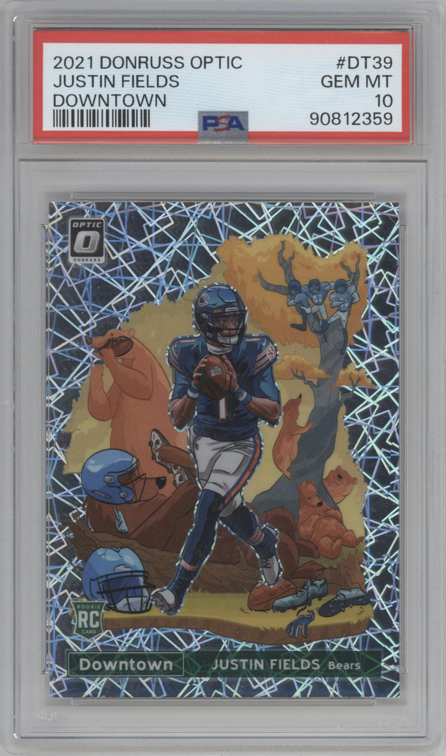 Justin Fields from the 2021 Panini Donruss Optic set graded by PSA and given an overall grade of 10.