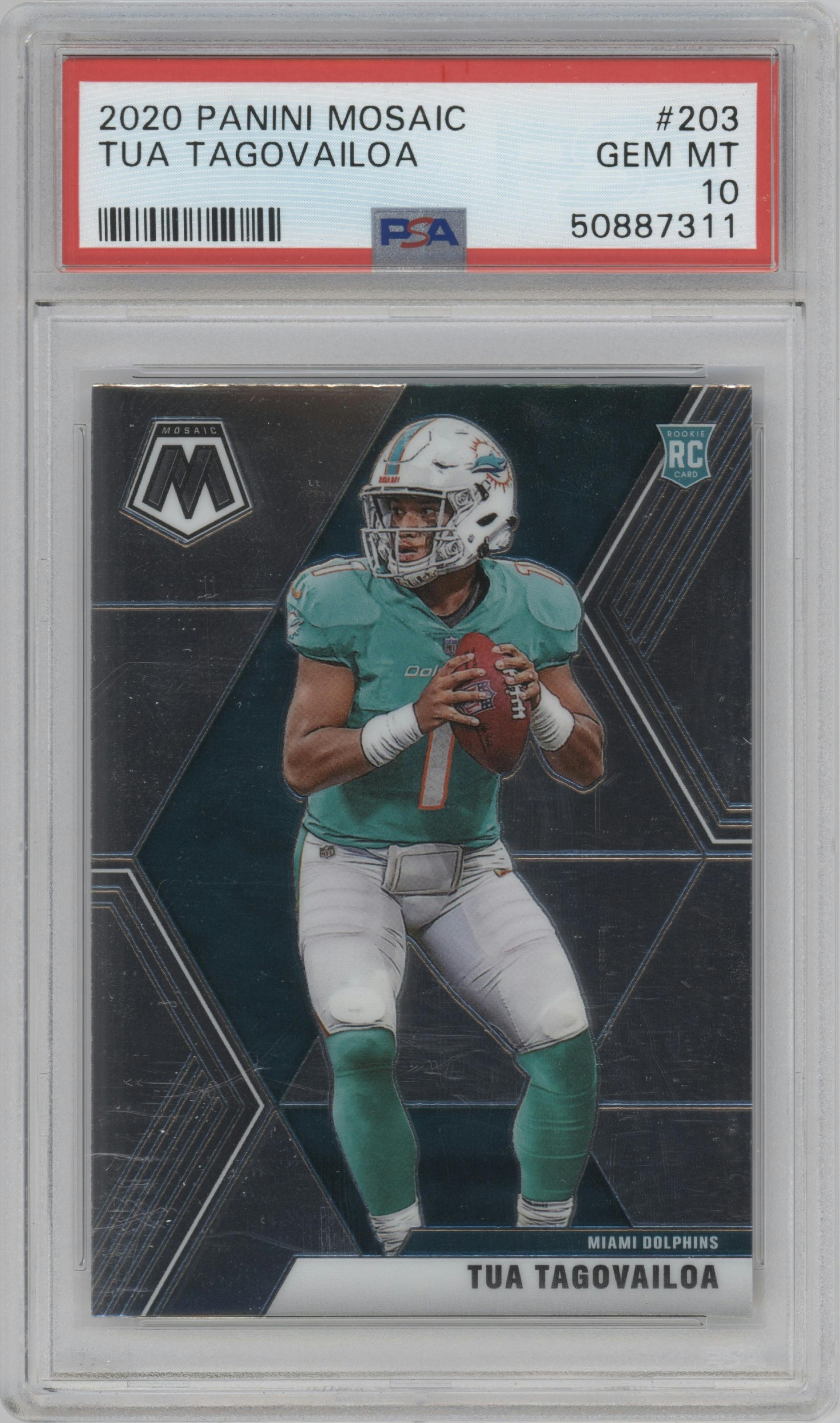 Tua Tagovailoa from the 2020 Panini Mosaic set graded by PSA and given an overall grade of 10.