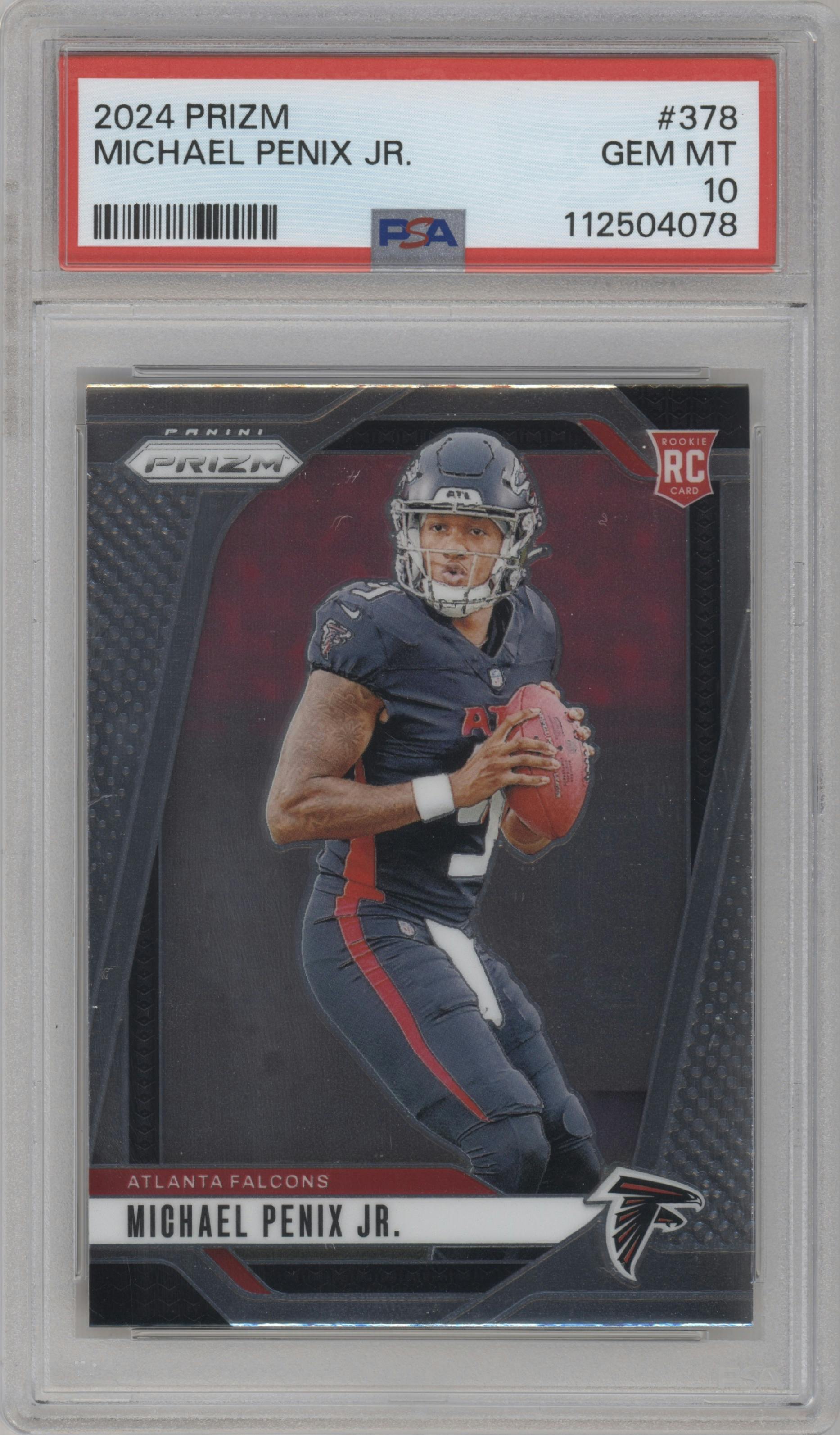 Michael Penix Jr. from the 2024 Panini Prizm set graded by PSA and given an overall grade of 10.