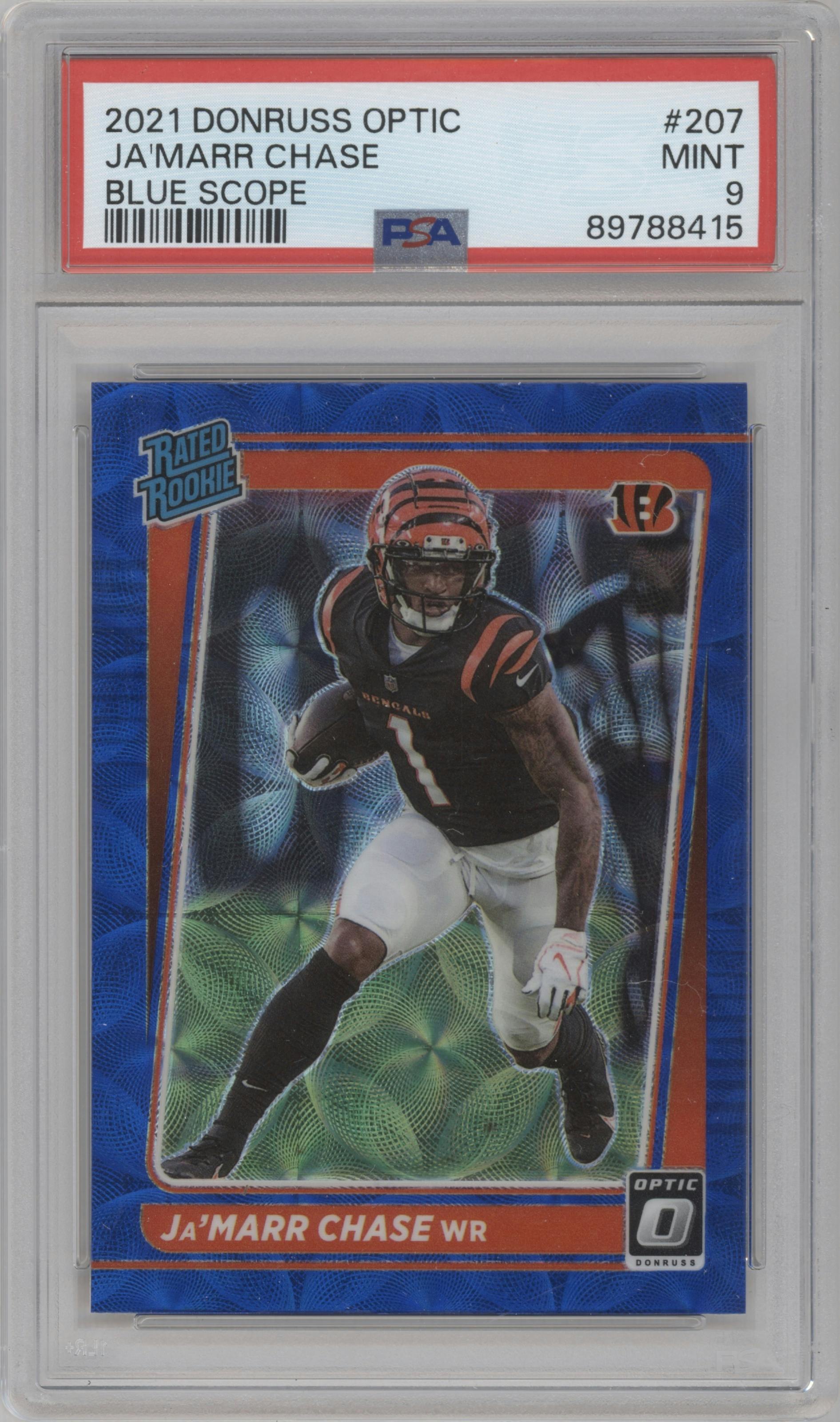 Ja'Marr Chase from the 2021 Panini Donruss Optic set featuring a Blue Scope parallel graded by PSA and given an overall grade of 9.