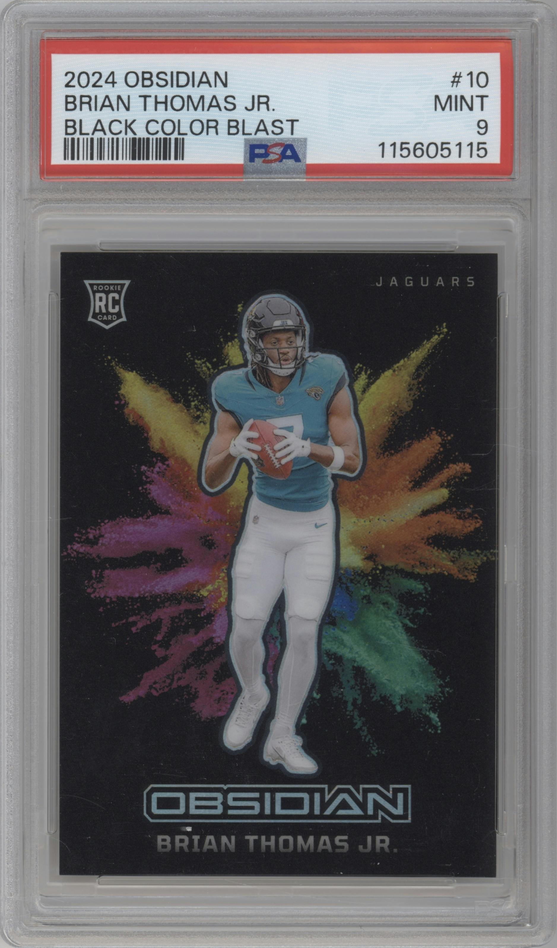 Brian Thomas Jr. from the 2024 Panini Obsidian set graded by PSA and given an overall grade of 9.