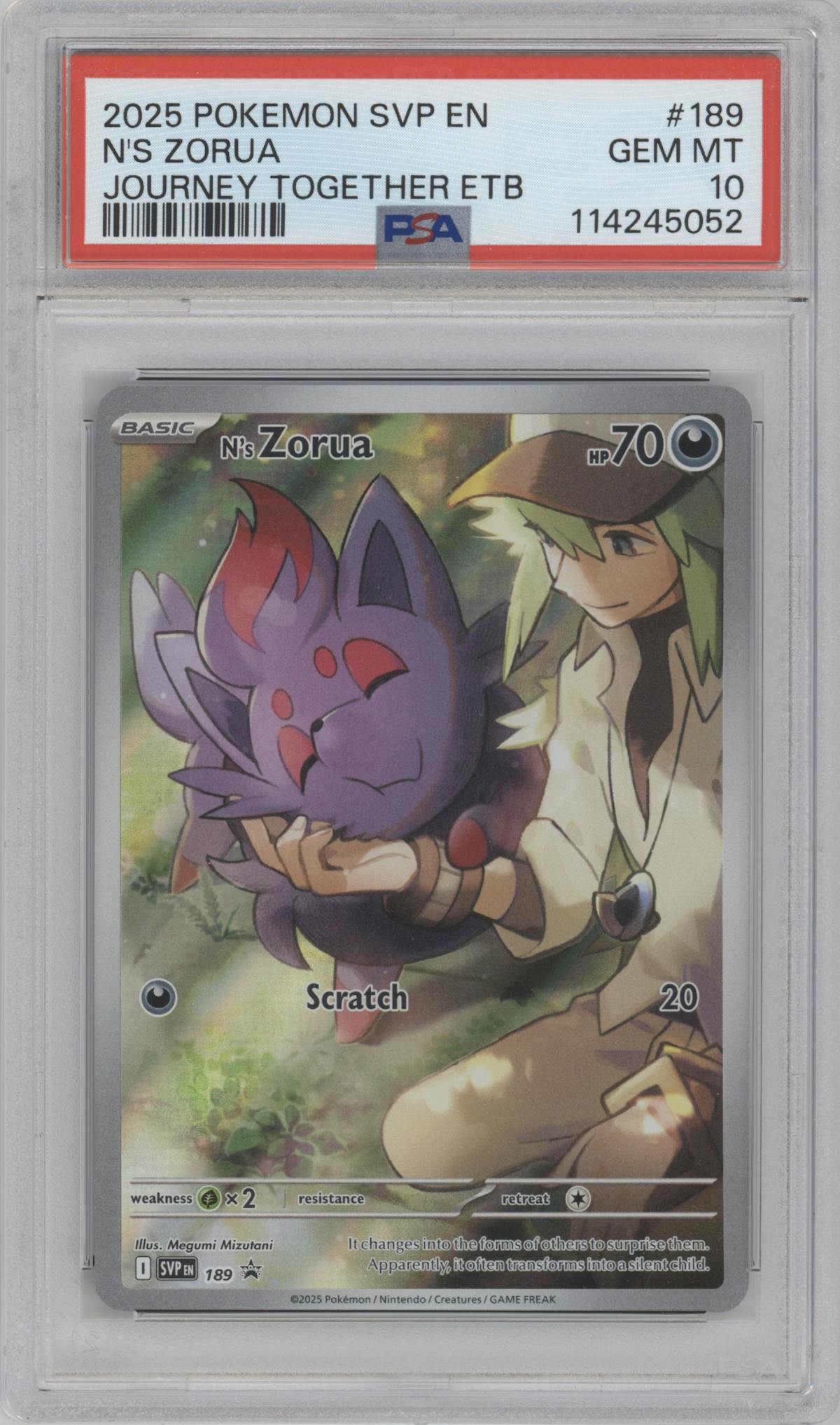 N's Zorua from the 2025 Pokemon SV set featuring a Journey Together Elite Trainer Box parallel graded by PSA and given an overall grade of 10.