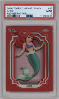 Ariel from the 2024 Topps Chrome Disney set featuring a Red Refractor parallel graded by PSA and given an overall grade of 9.