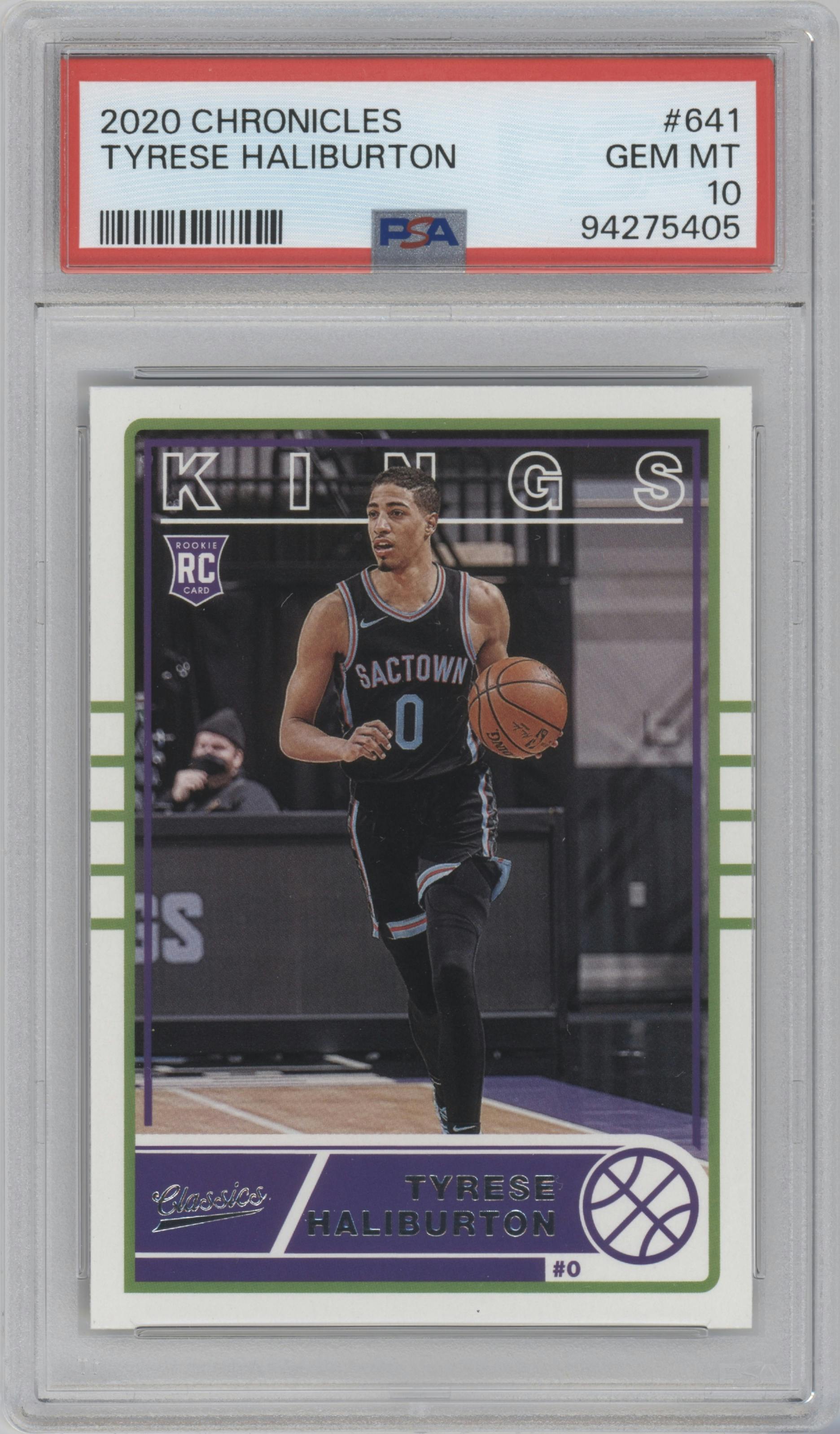 Tyrese Haliburton from the 2020-21 Panini Chronicles set graded by PSA and given an overall grade of 10.