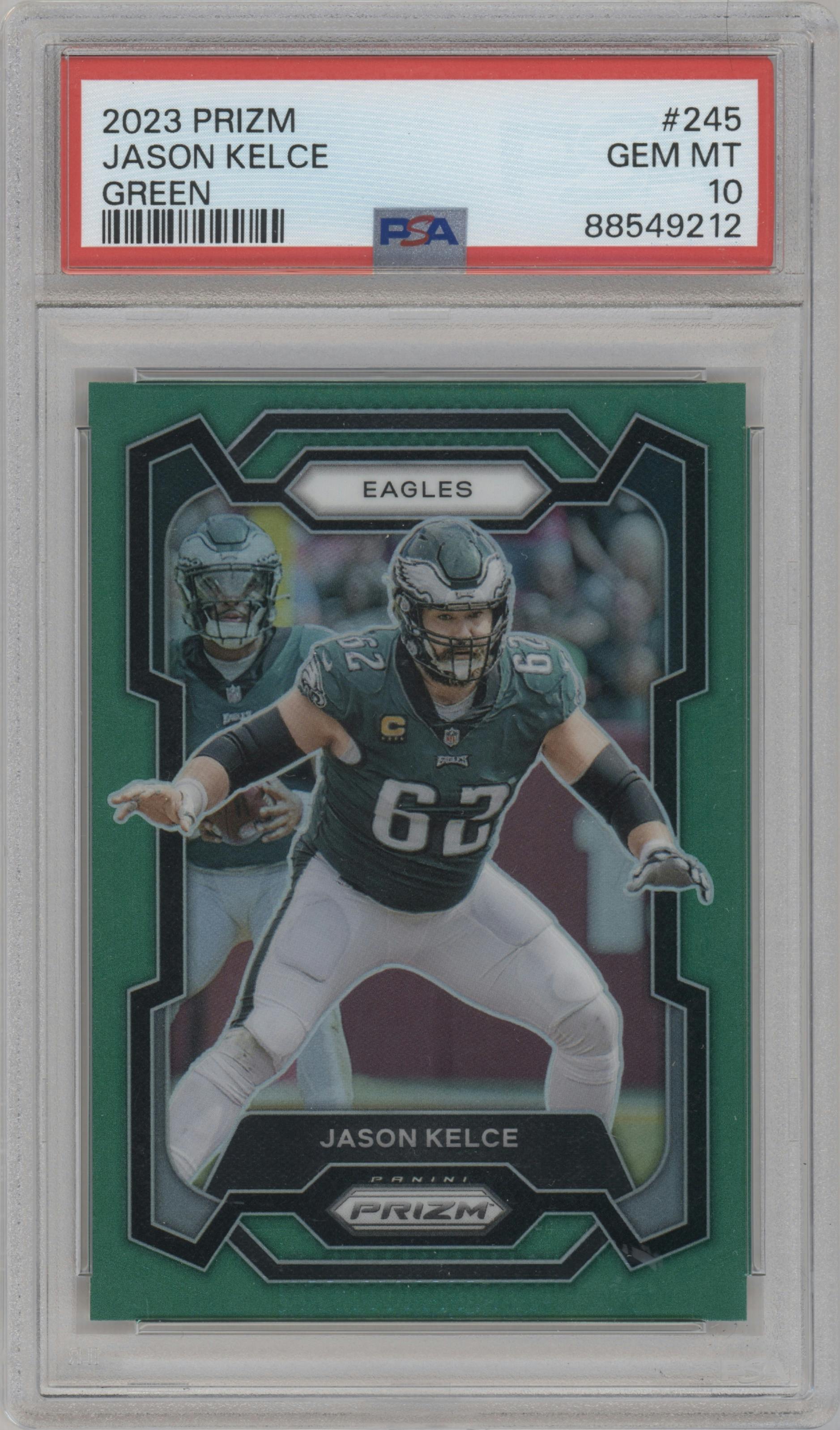 Jason Kelce from the 2023 Panini Prizm set featuring a Green Prizm parallel graded by PSA and given an overall grade of 10.