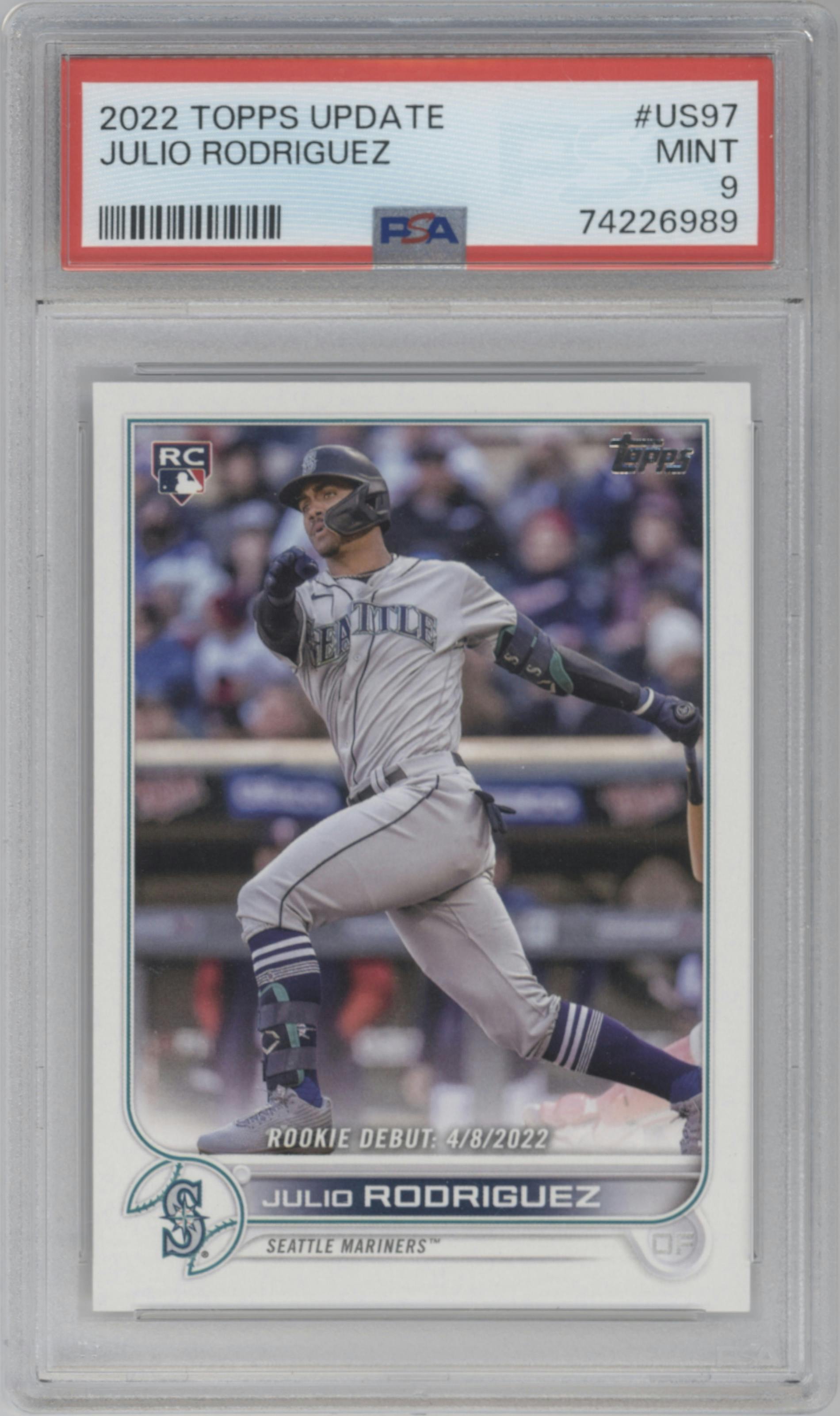 Julio Rodriguez from the 2022 Topps Update  set graded by PSA and given an overall grade of 9.